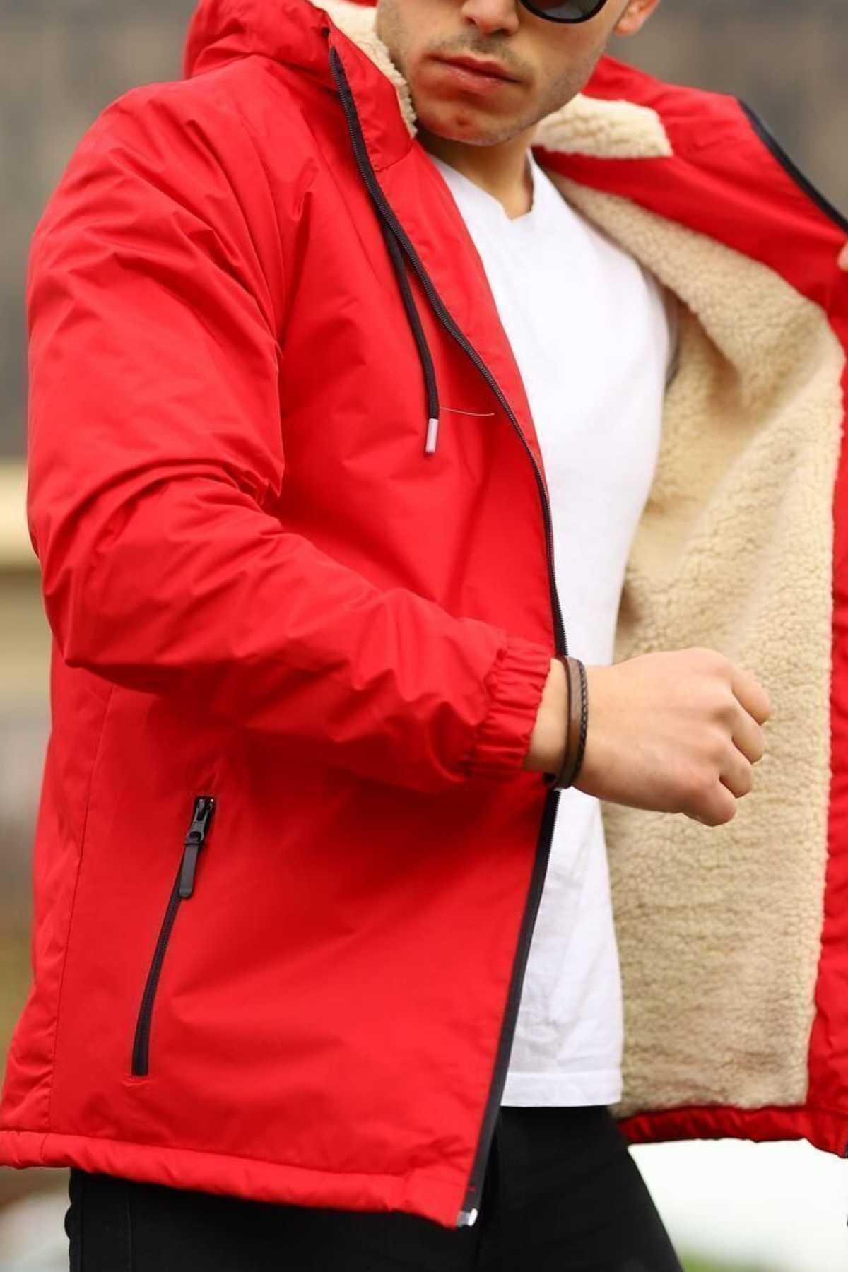 Erkek Dar Kırmızı İçi Peluş Kürk Rüzgarlık & Yağmurluk