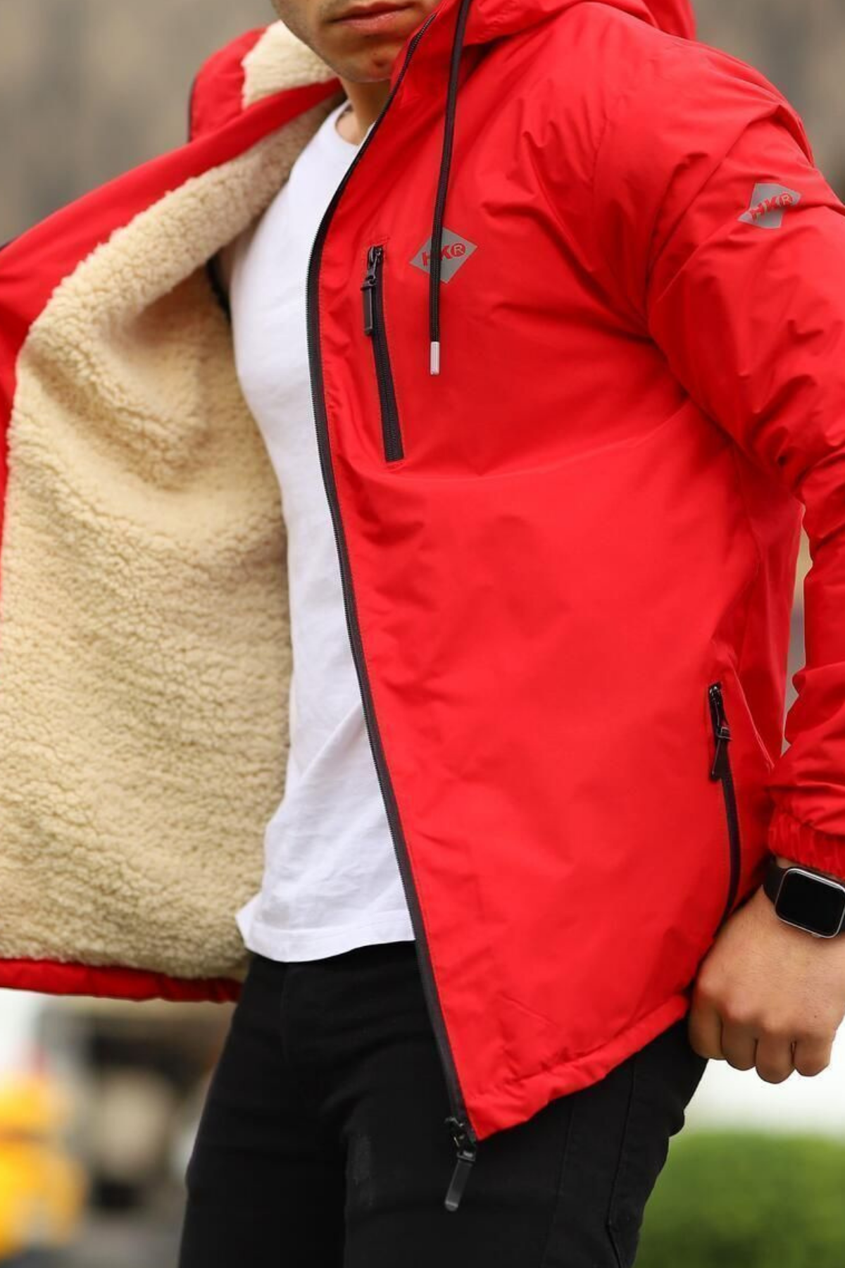 Erkek Dar Kırmızı İçi Peluş Kürk Rüzgarlık & Yağmurluk