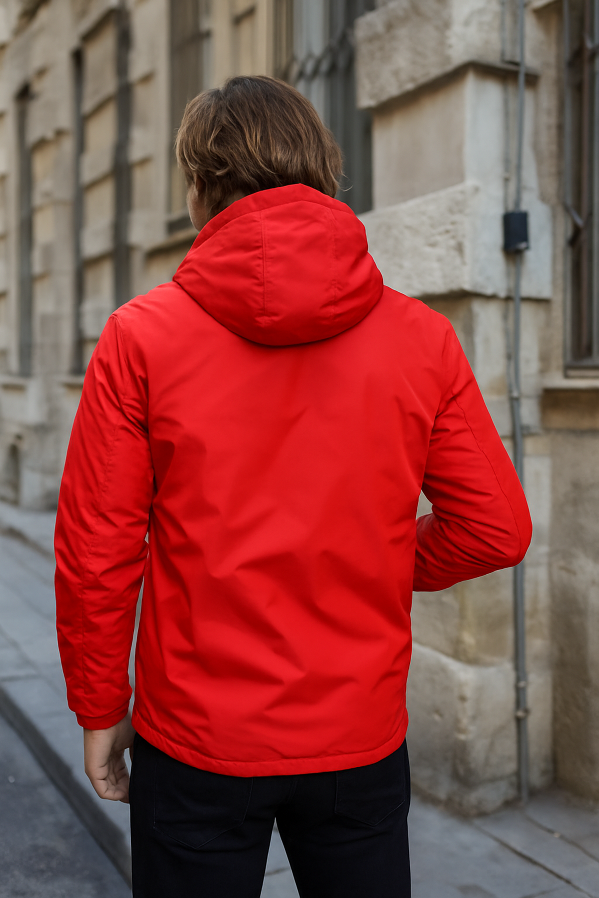 Erkek Dar Kırmızı İçi Peluş Kürk Rüzgarlık & Yağmurluk