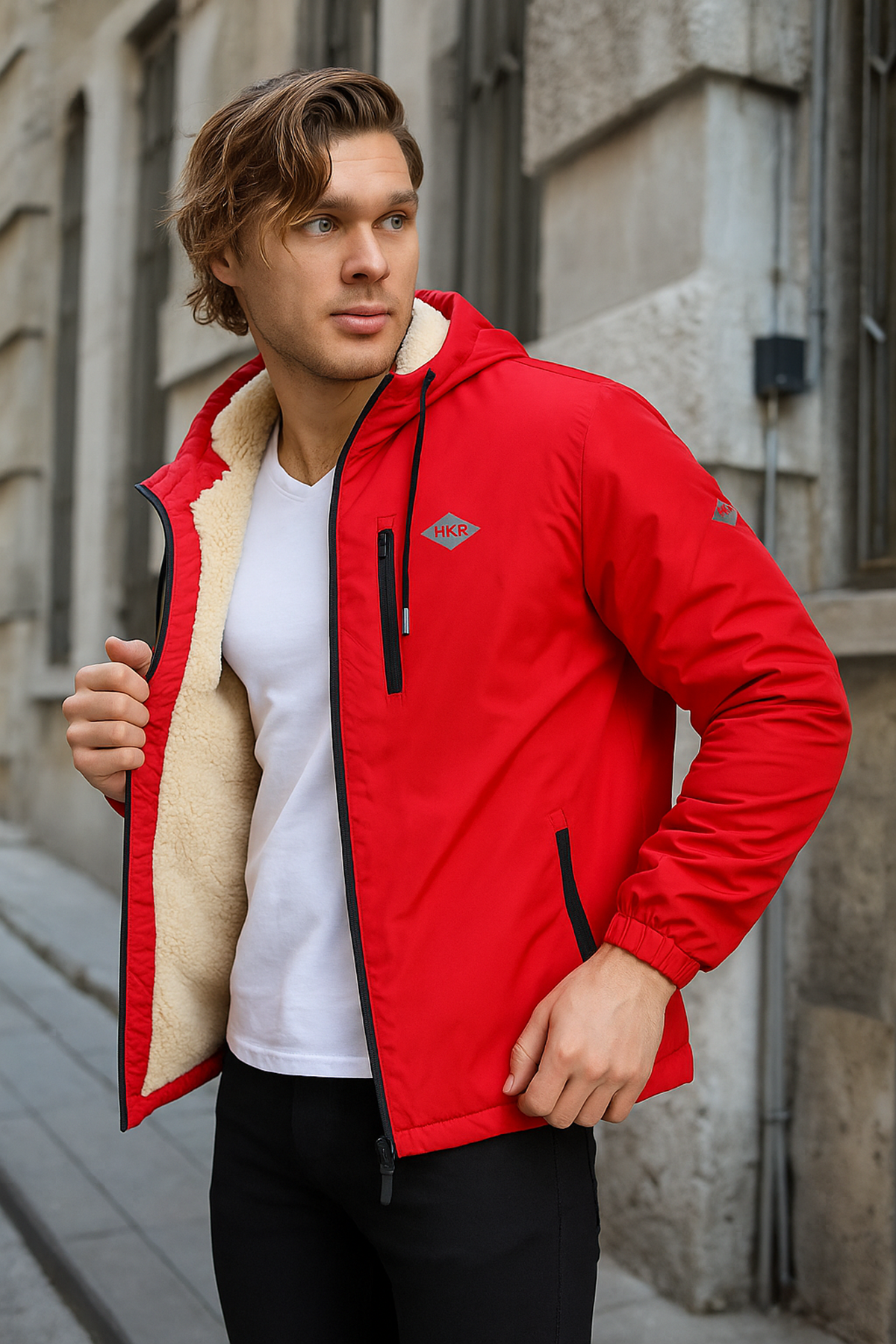 Erkek Dar Kırmızı İçi Peluş Kürk Rüzgarlık & Yağmurluk