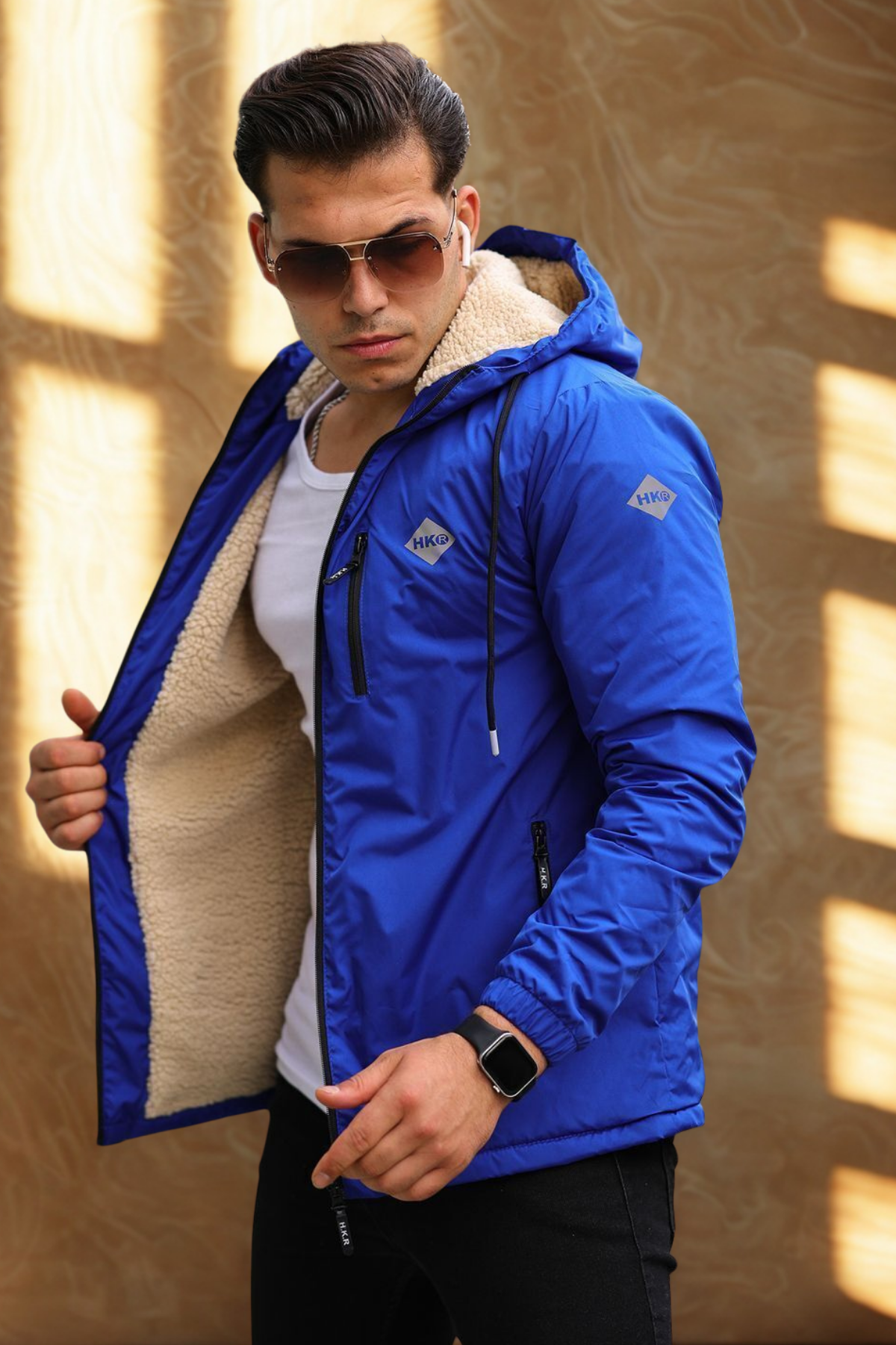 Erkek Dar Mavi İçi Peluş Kürk Rüzgarlık & Yağmurluk