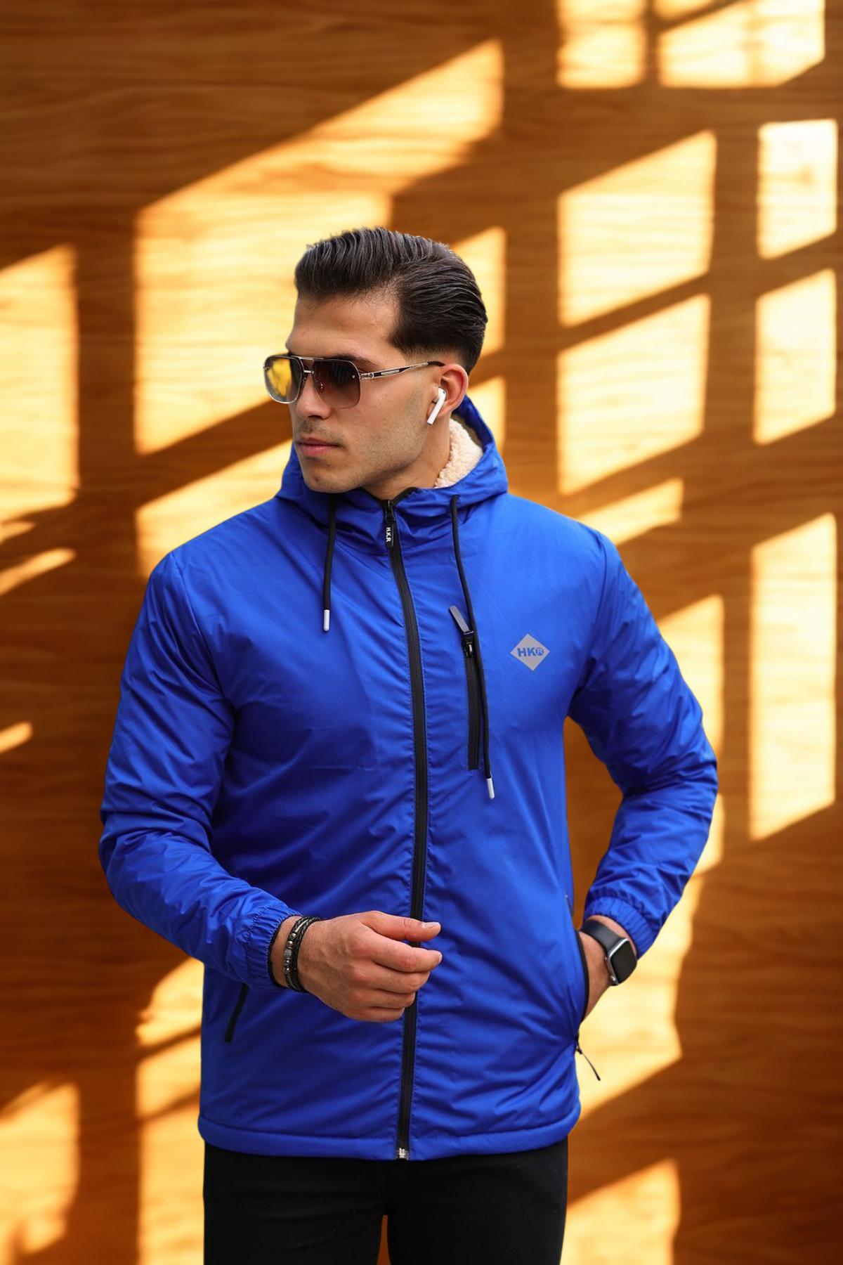 Erkek Dar Mavi İçi Peluş Kürk Rüzgarlık & Yağmurluk