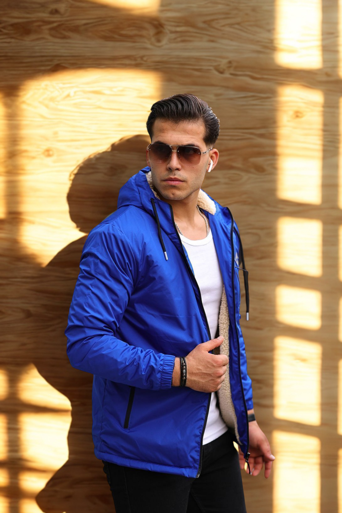 Erkek Dar Mavi İçi Peluş Kürk Rüzgarlık & Yağmurluk