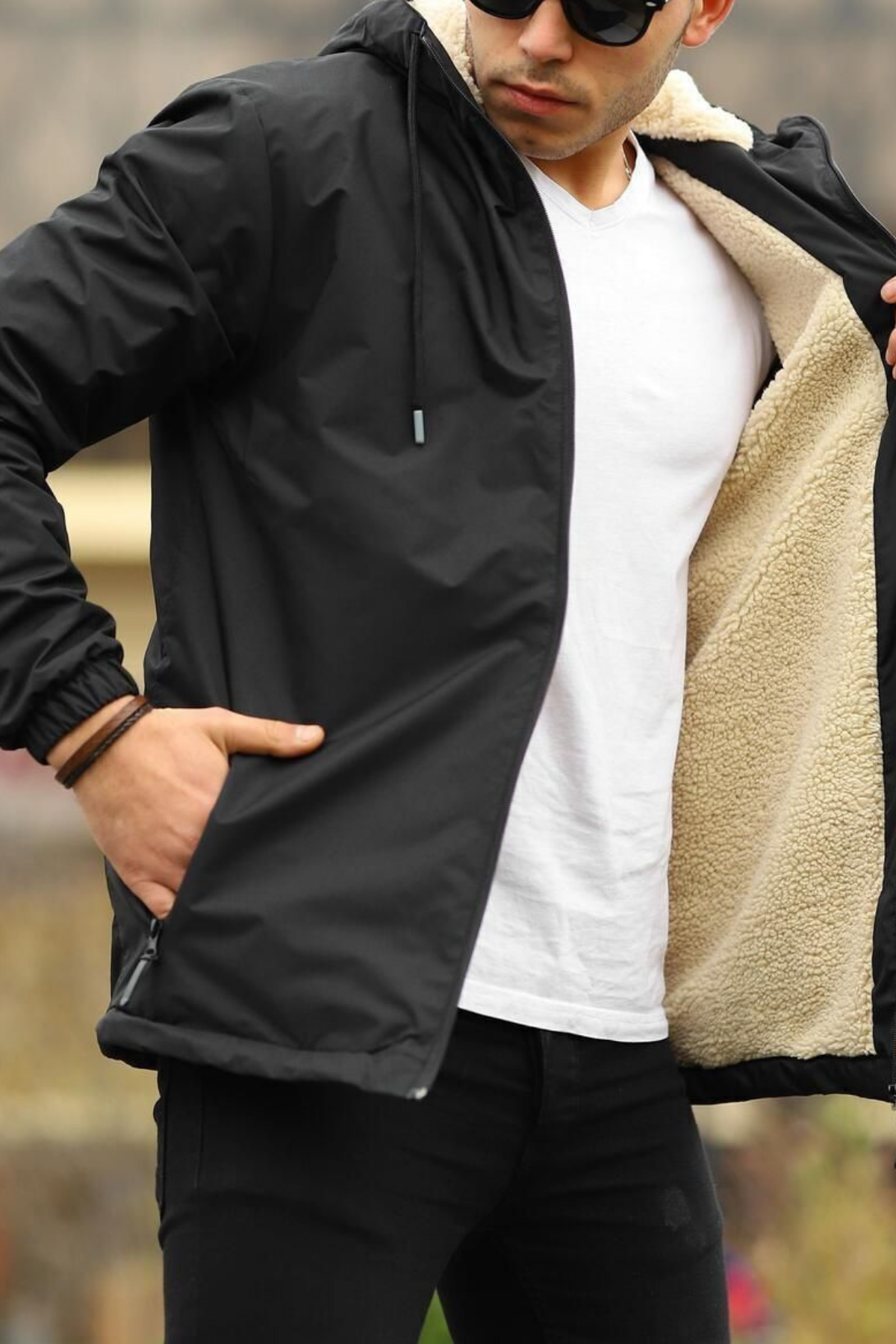 Erkek Dar Siyah İçi Peluş Kürk Rüzgarlık & Yağmurluk