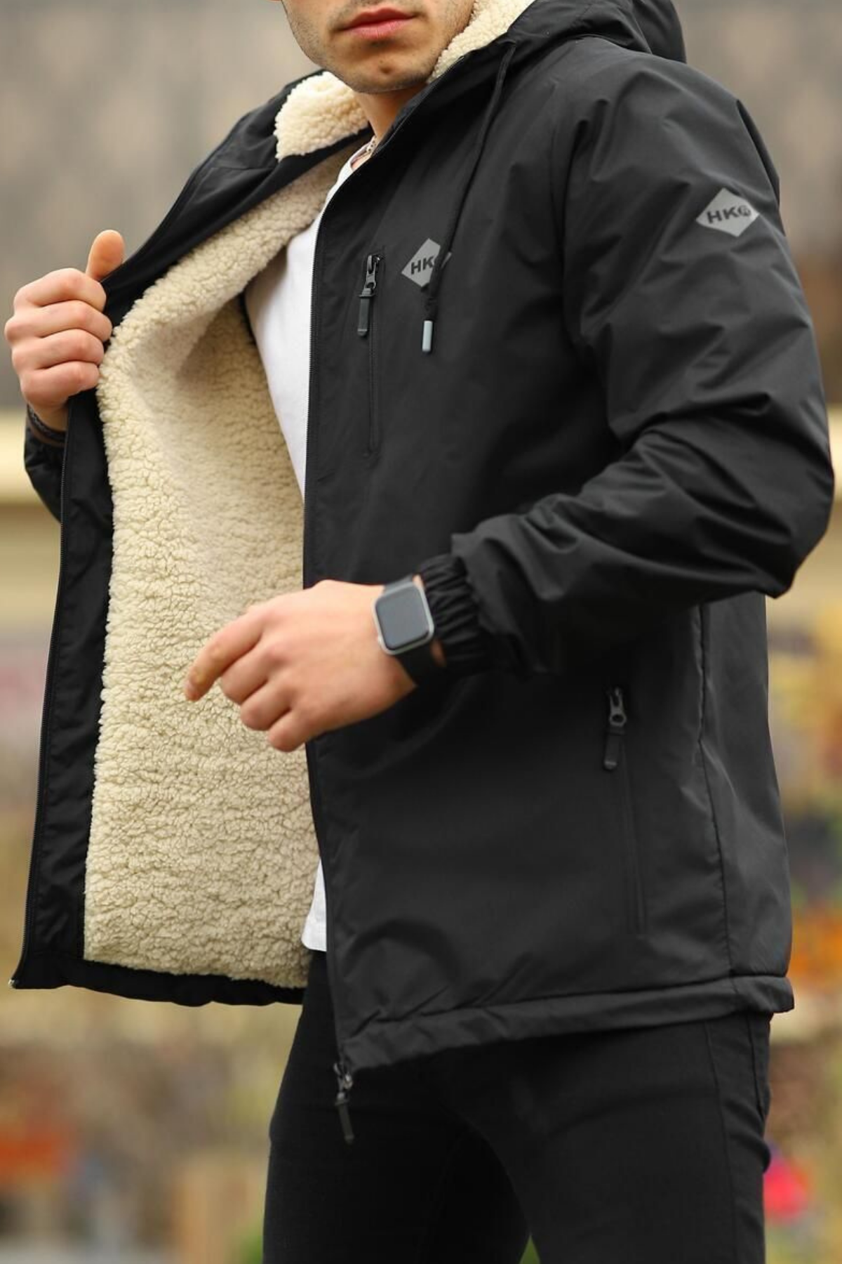 Erkek Dar Siyah İçi Peluş Kürk Rüzgarlık & Yağmurluk