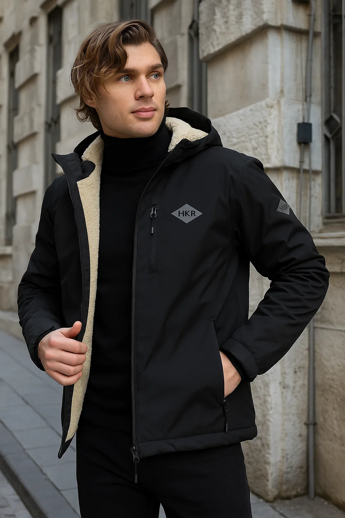 Erkek Dar Siyah İçi Peluş Kürk Rüzgarlık & Yağmurluk