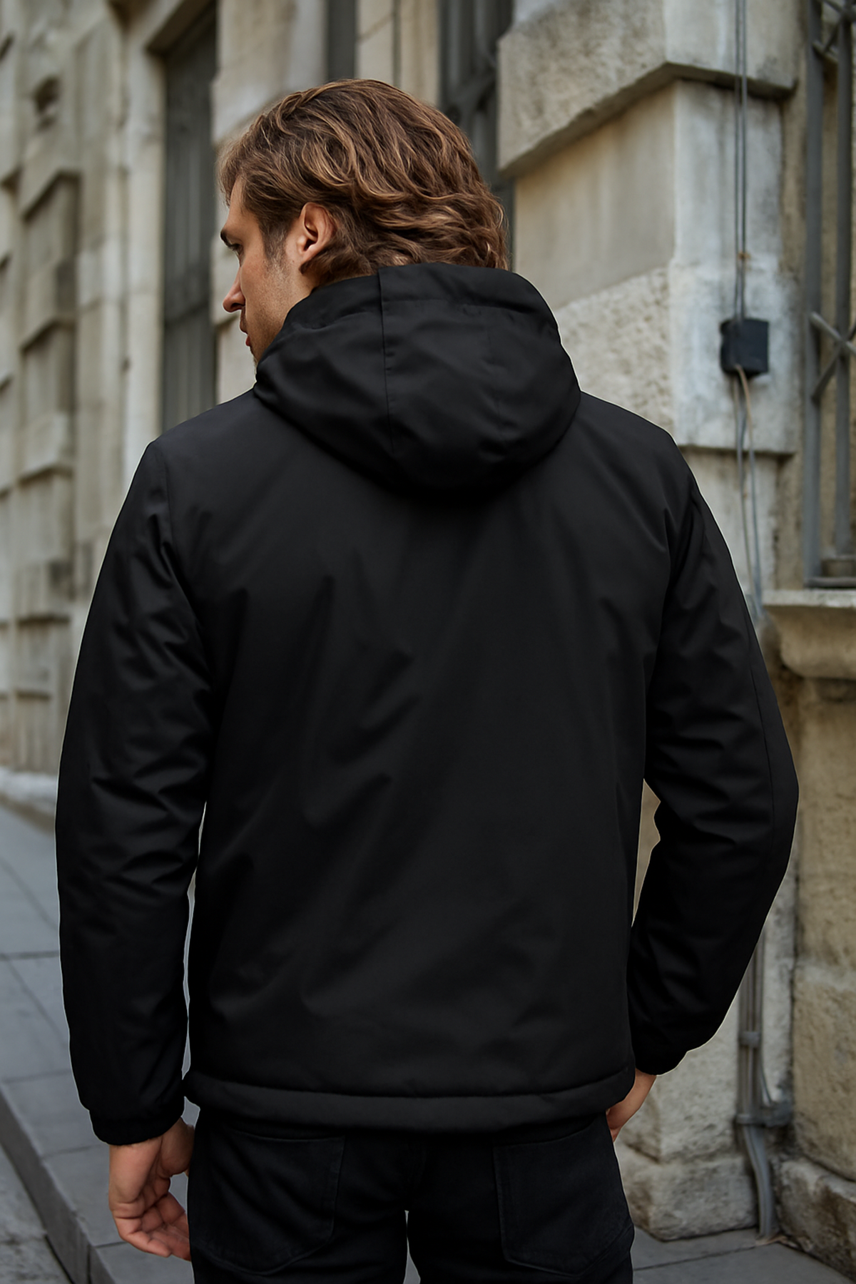 Erkek Dar Siyah İçi Peluş Kürk Rüzgarlık & Yağmurluk
