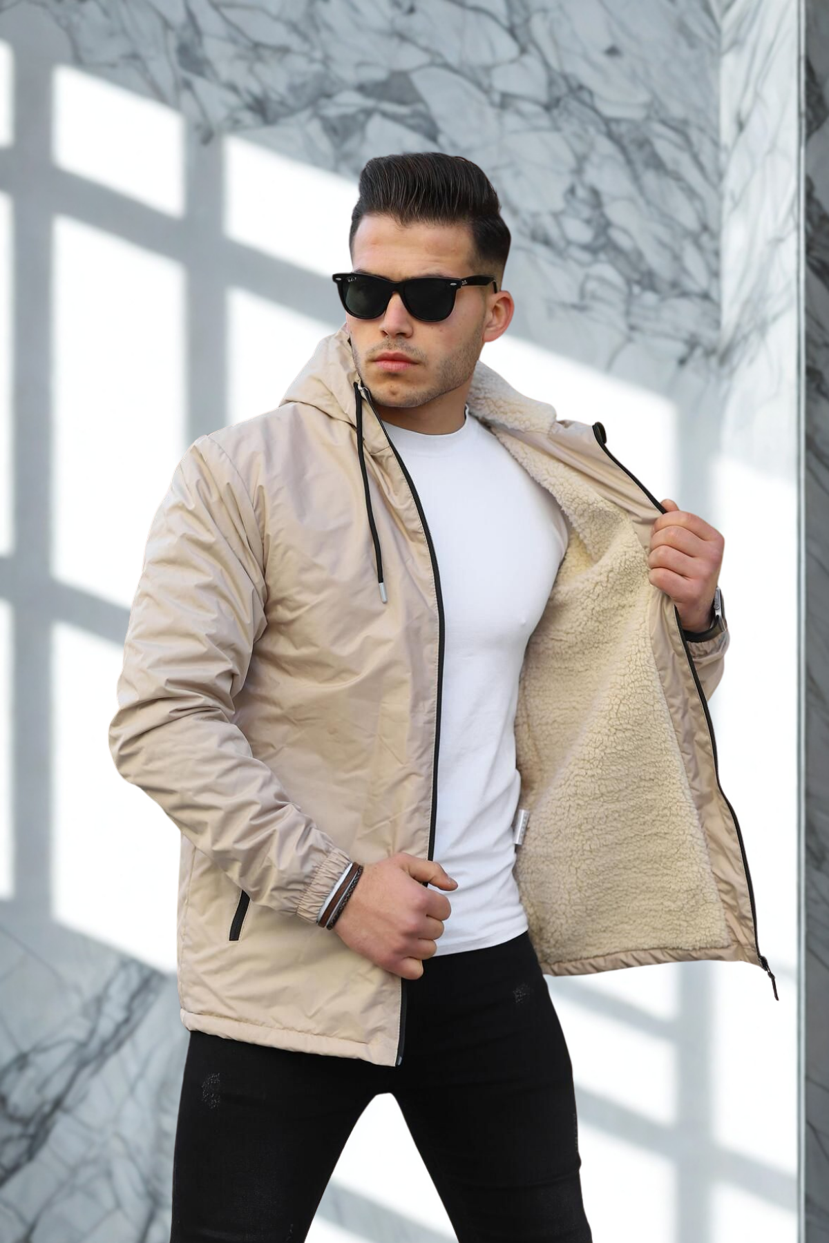 Erkek Dar Taş İçi Peluş Kürk Rüzgarlık & Yağmurluk