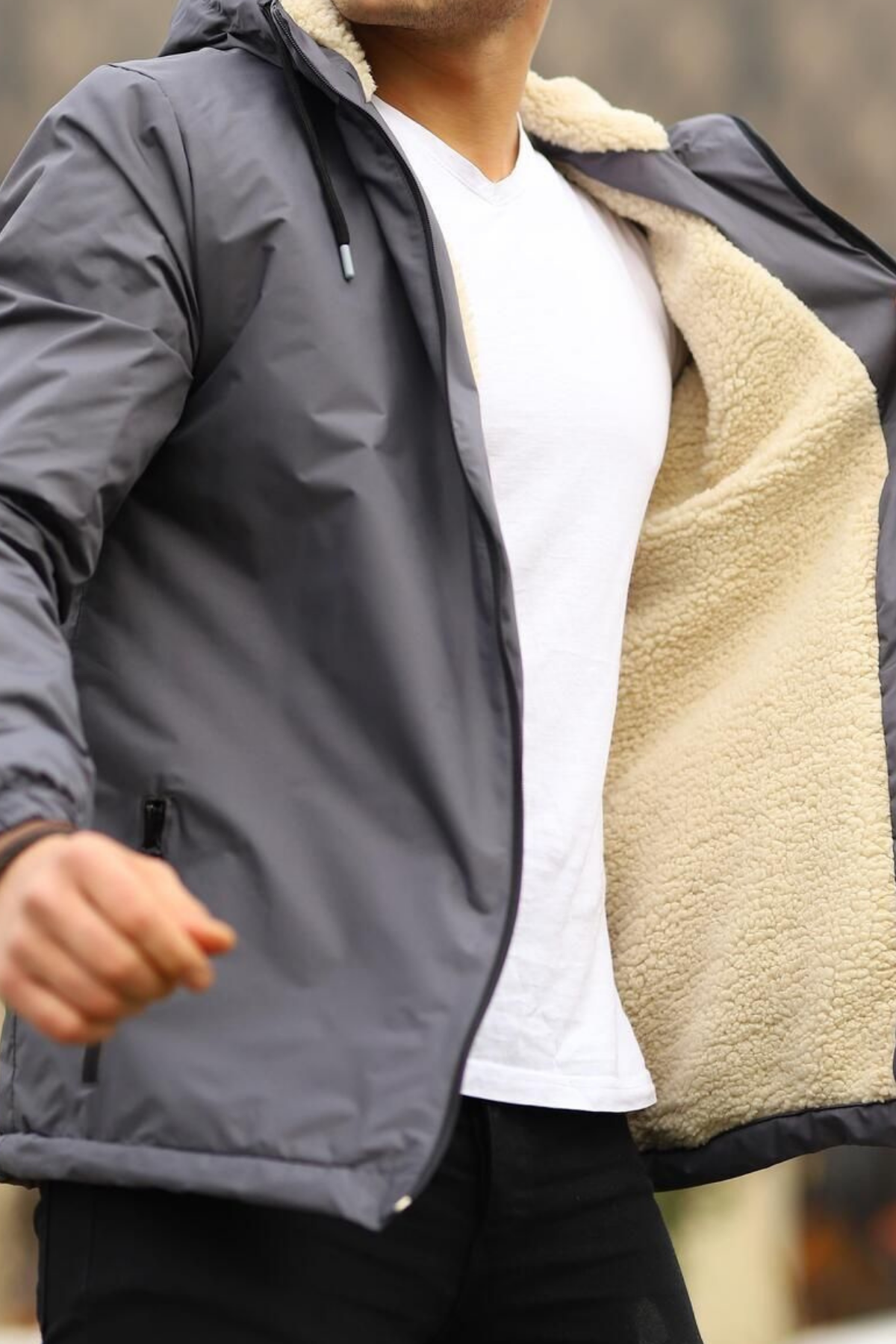 Erkek Dar Füme İçi Peluş Kürk Rüzgarlık & Yağmurluk