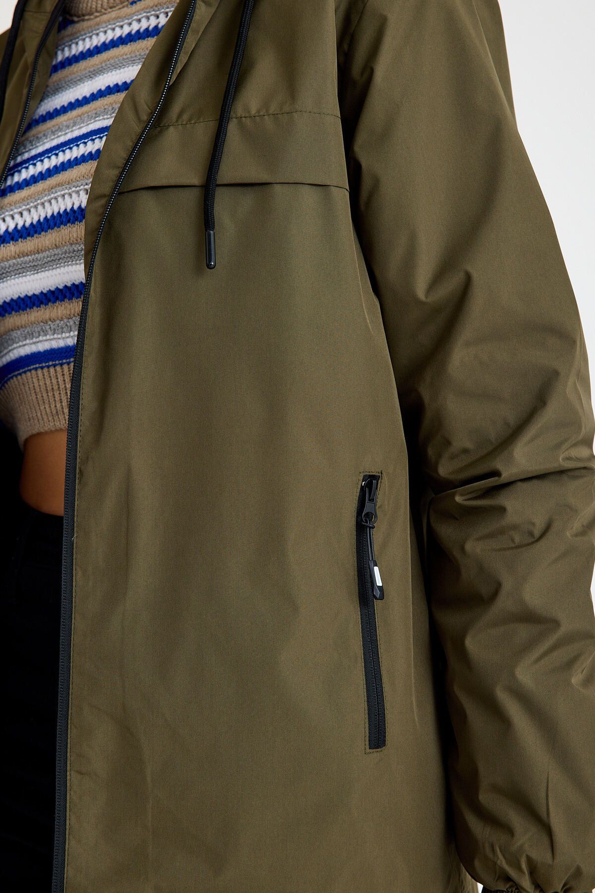 Kadın Astarlı Kapşonlu Haki Rüzgarlık & Yağmurluk