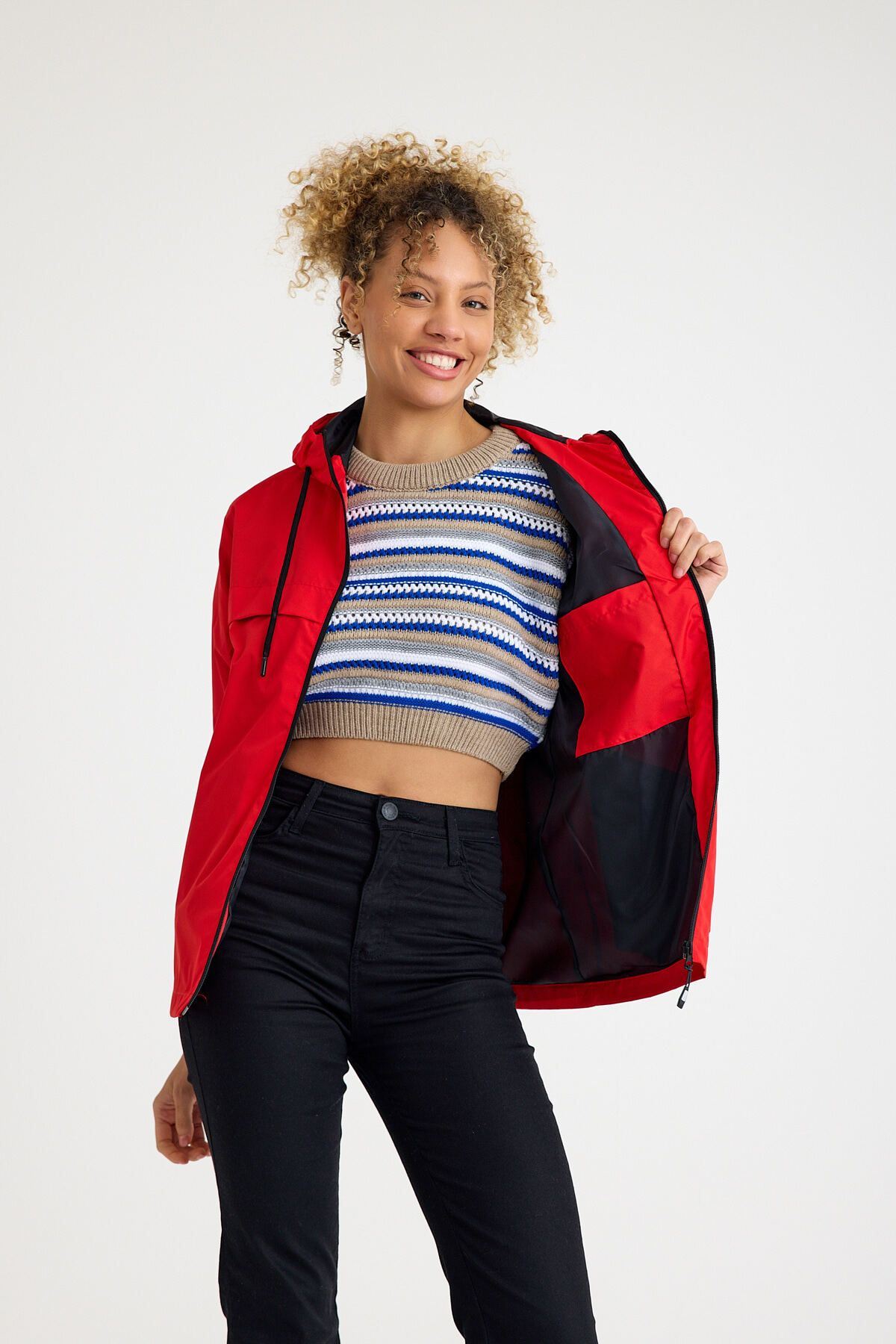 Kadın Astarlı Kapşonlu Kırmızı Rüzgarlık & Yağmurluk