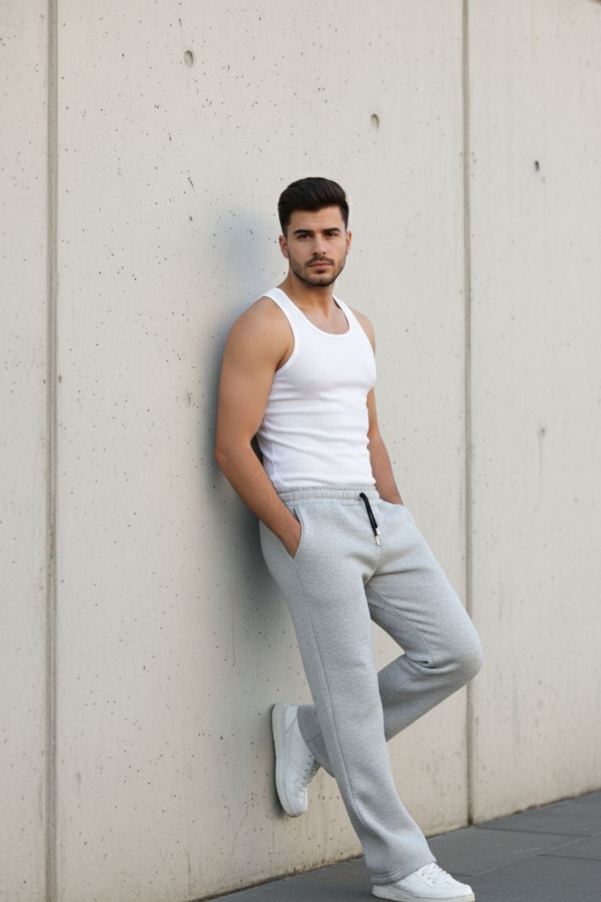 Erkek Bol Paça Beli Lastikli Gri Eşofman Altı