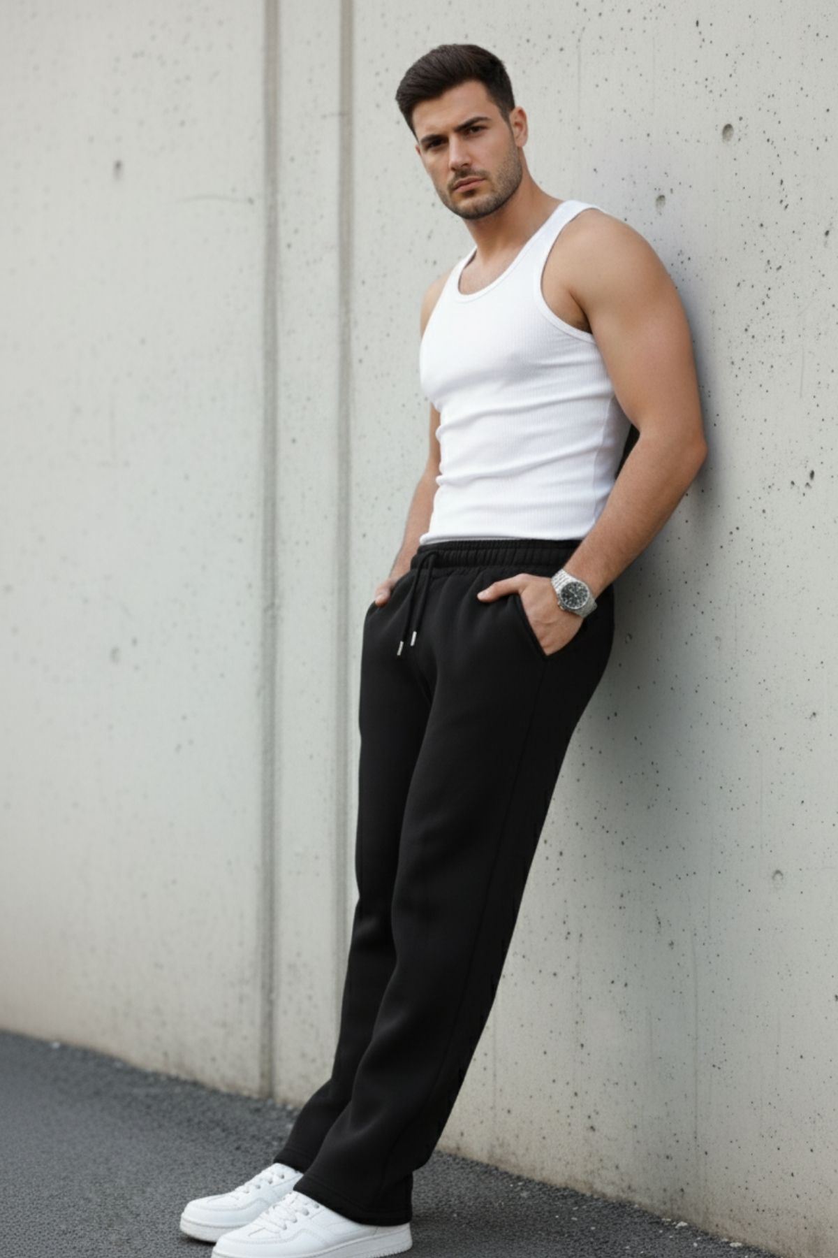 Erkek Bol Paça Beli Lastikli Siyah Eşofman Altı