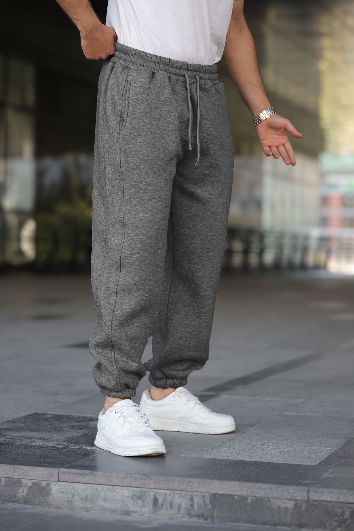 Erkek Bol Paça Beli Lastikli Antrasit Eşofman Altı