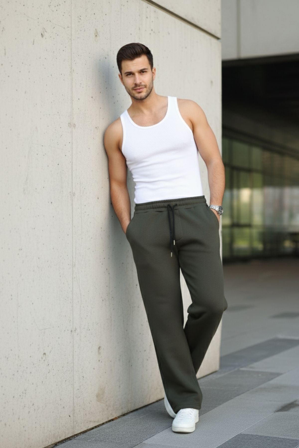 Erkek Bol Paça Beli Lastikli Haki Eşofman Altı