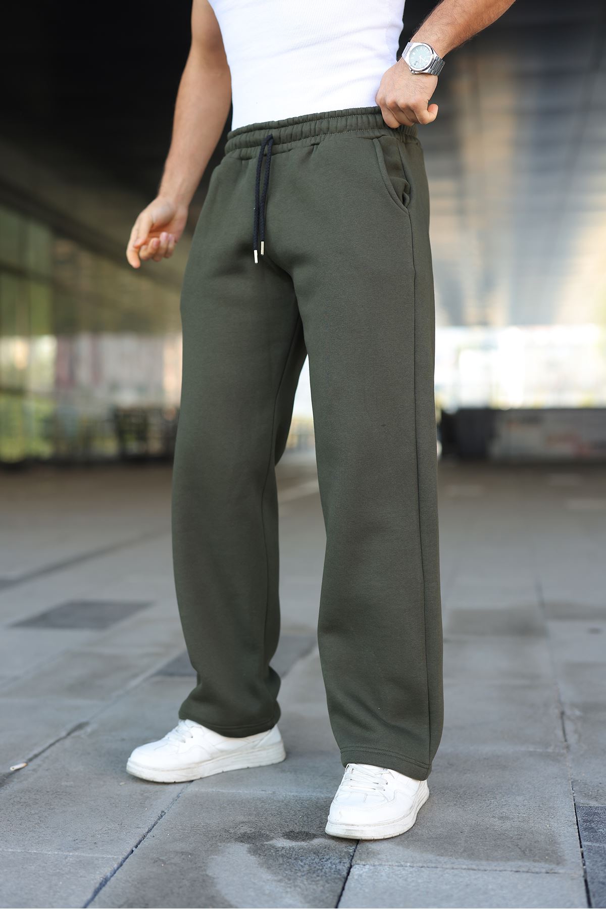 Erkek Bol Paça Beli Lastikli Haki Eşofman Altı