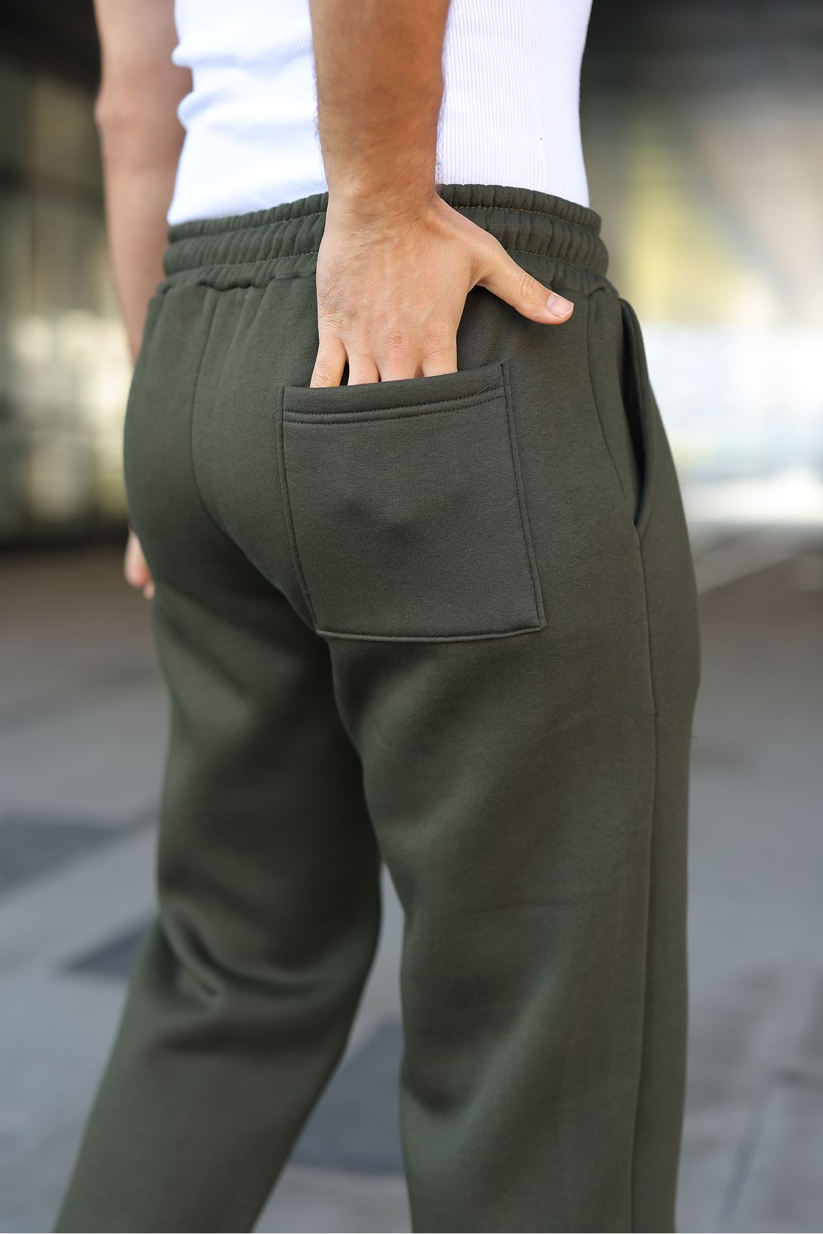 Erkek Bol Paça Beli Lastikli Haki Eşofman Altı