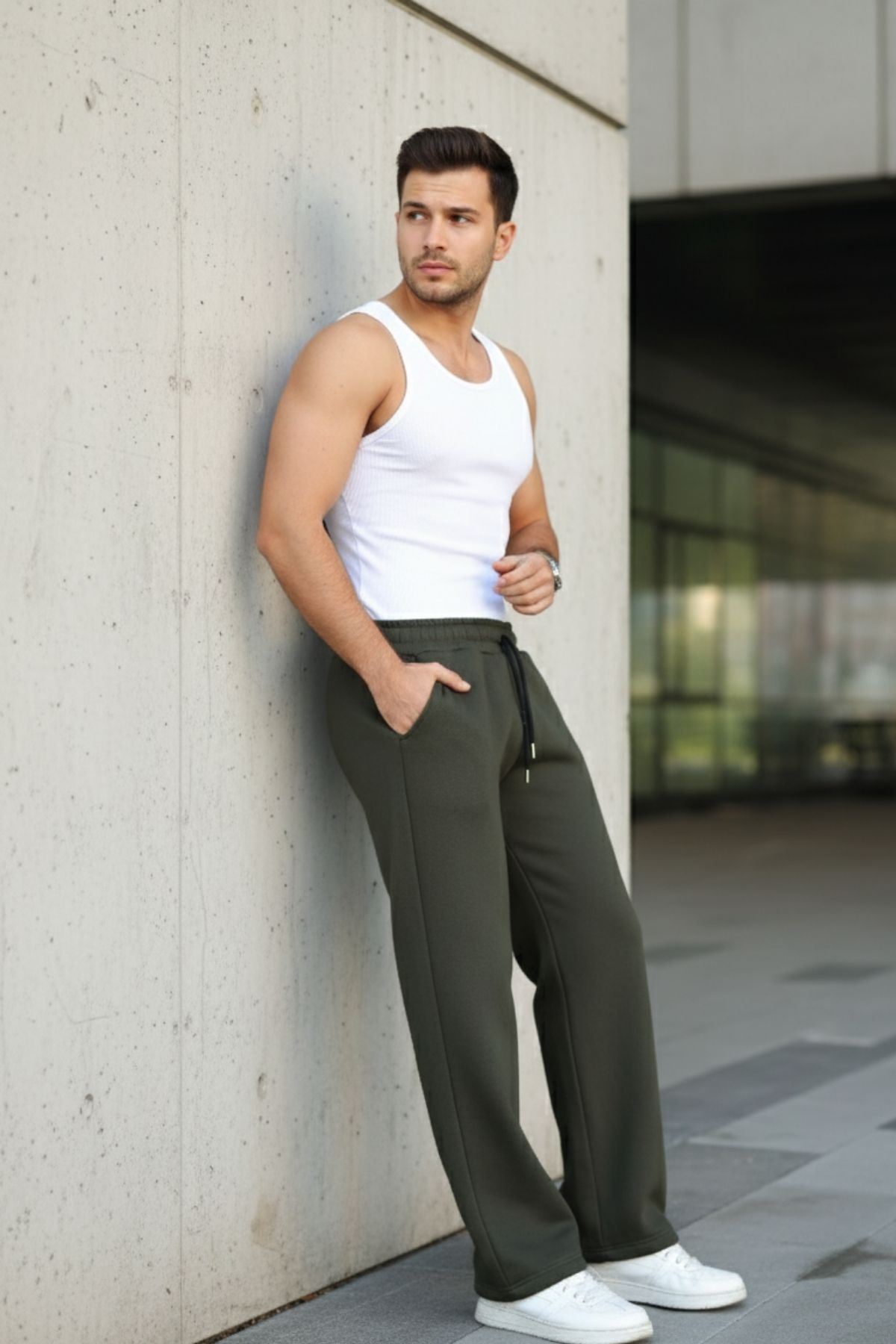 Erkek Bol Paça Beli Lastikli Haki Eşofman Altı
