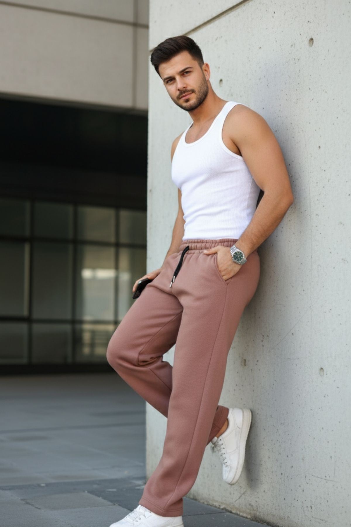 Erkek Bol Paça Beli Lastikli Kiremit Eşofman Altı