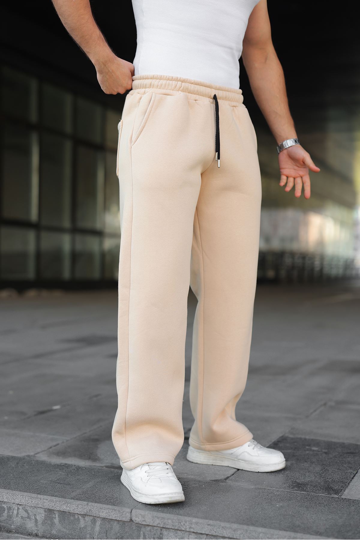 Erkek Bol Paça Beli Lastikli Krem Eşofman Altı