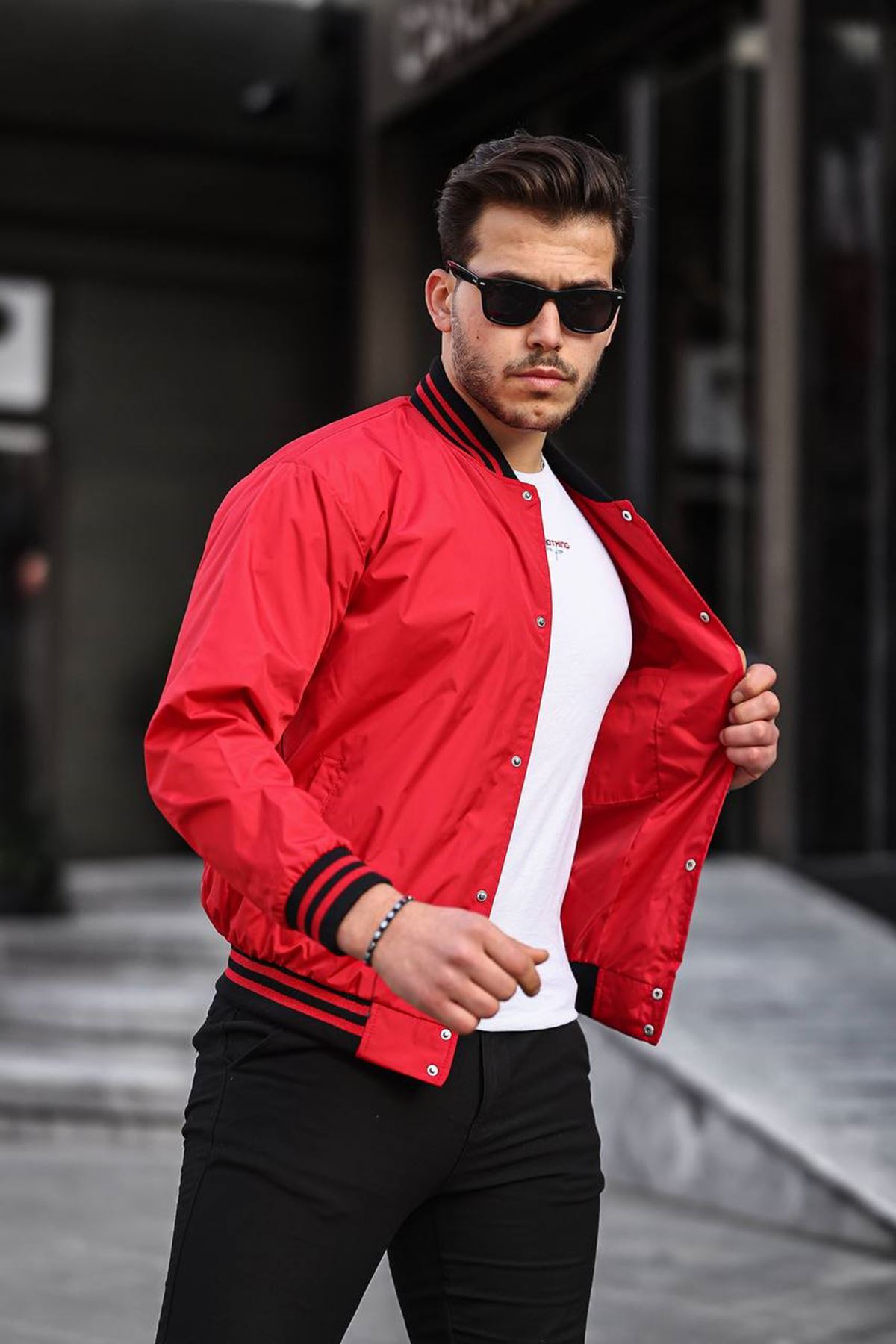 Erkek Baskılı Kapşonlu Kırmızı Kolej Rüzgarlık & Yağmurluk