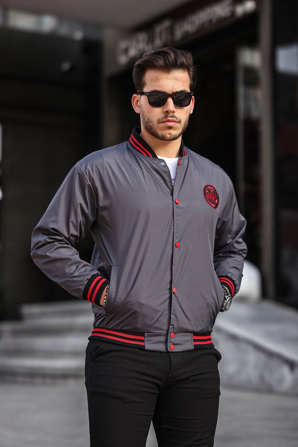 Erkek Baskılı Kapşonlu Füme Kolej Rüzgarlık & Yağmurluk