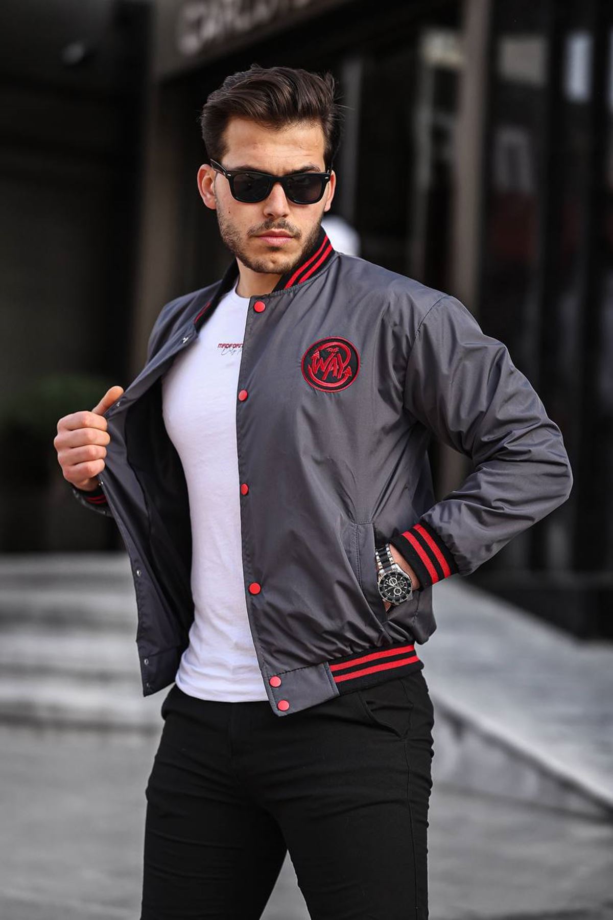 Erkek Baskılı Kapşonlu Füme Kolej Rüzgarlık & Yağmurluk