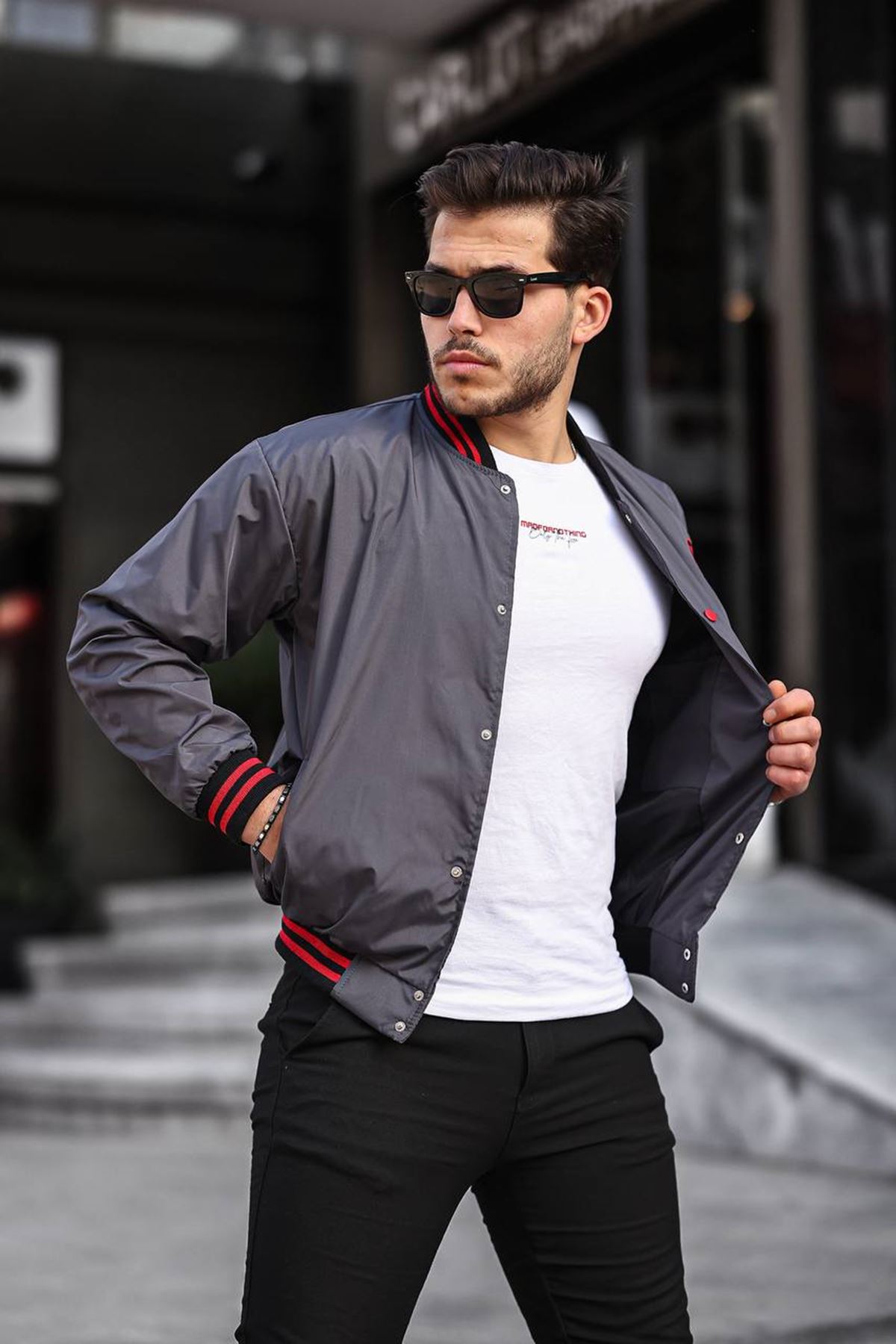 Erkek Baskılı Kapşonlu Füme Kolej Rüzgarlık & Yağmurluk