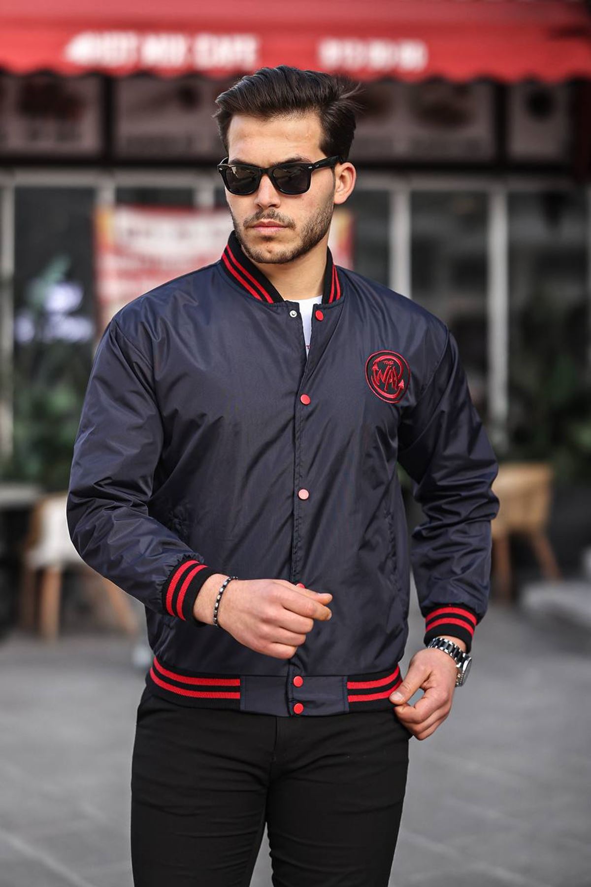 Erkek Baskılı Kapşonlu Lacivert Kolej Rüzgarlık & Yağmurluk