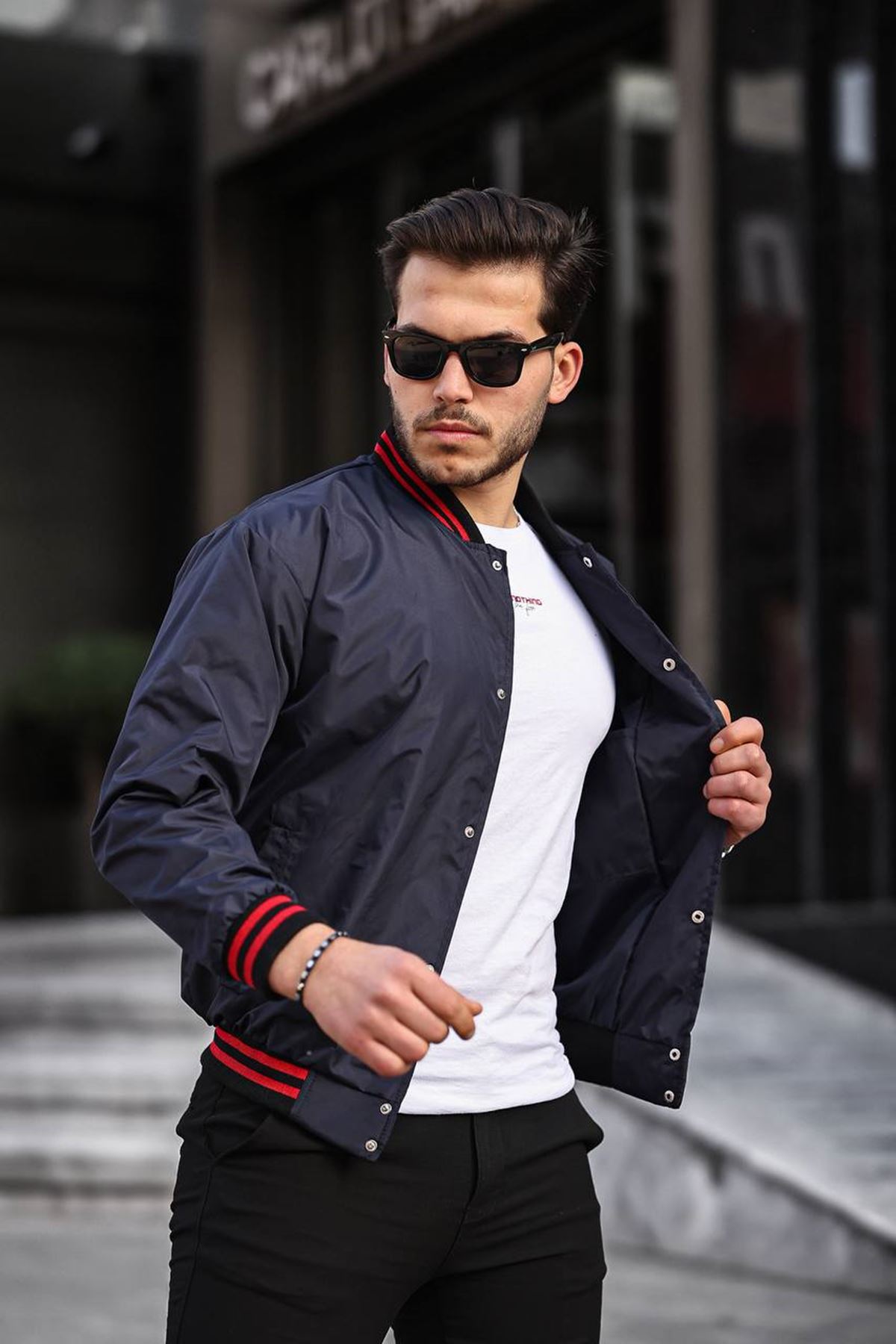 Erkek Baskılı Kapşonlu Lacivert Kolej Rüzgarlık & Yağmurluk