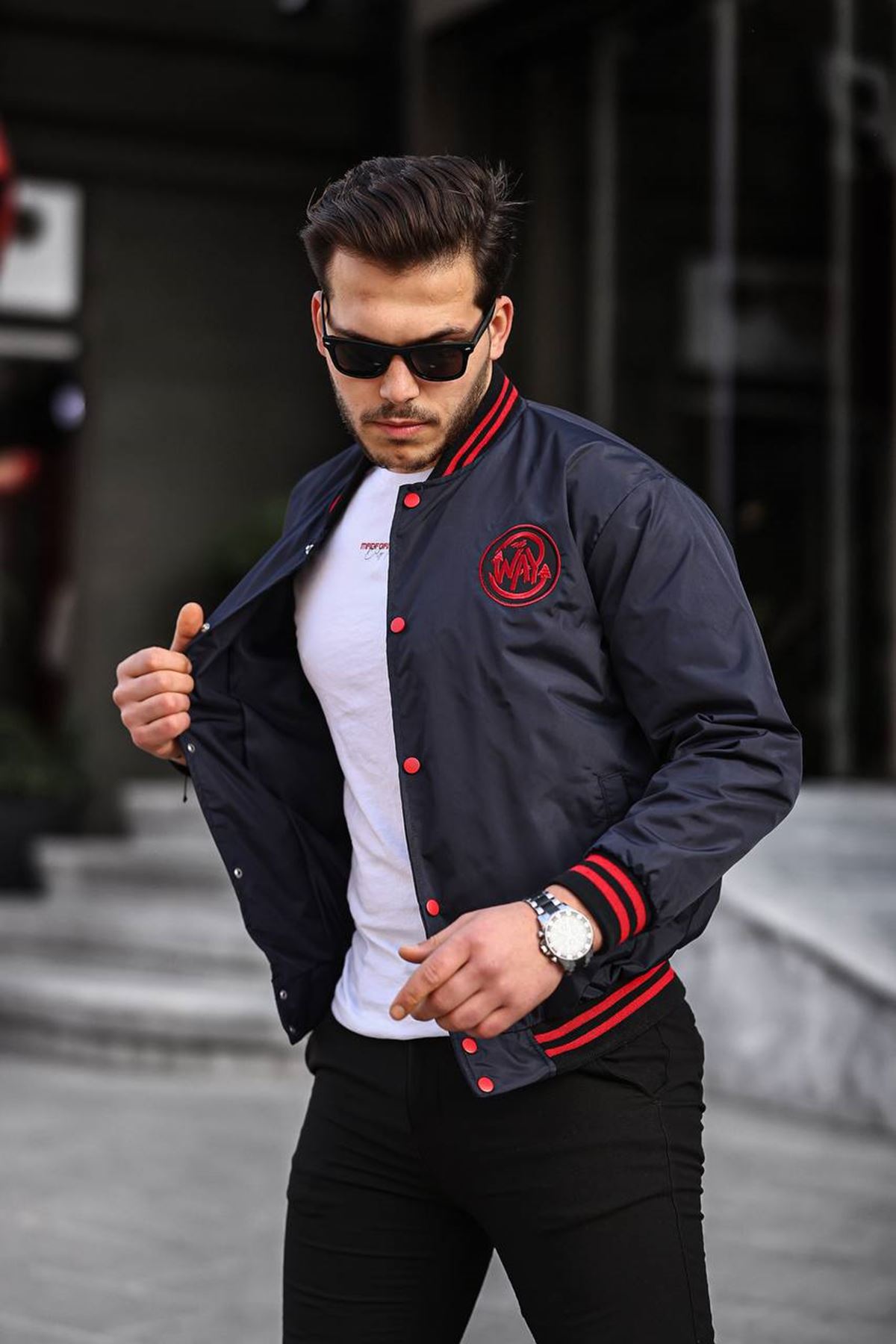 Erkek Baskılı Kapşonlu Lacivert Kolej Rüzgarlık & Yağmurluk