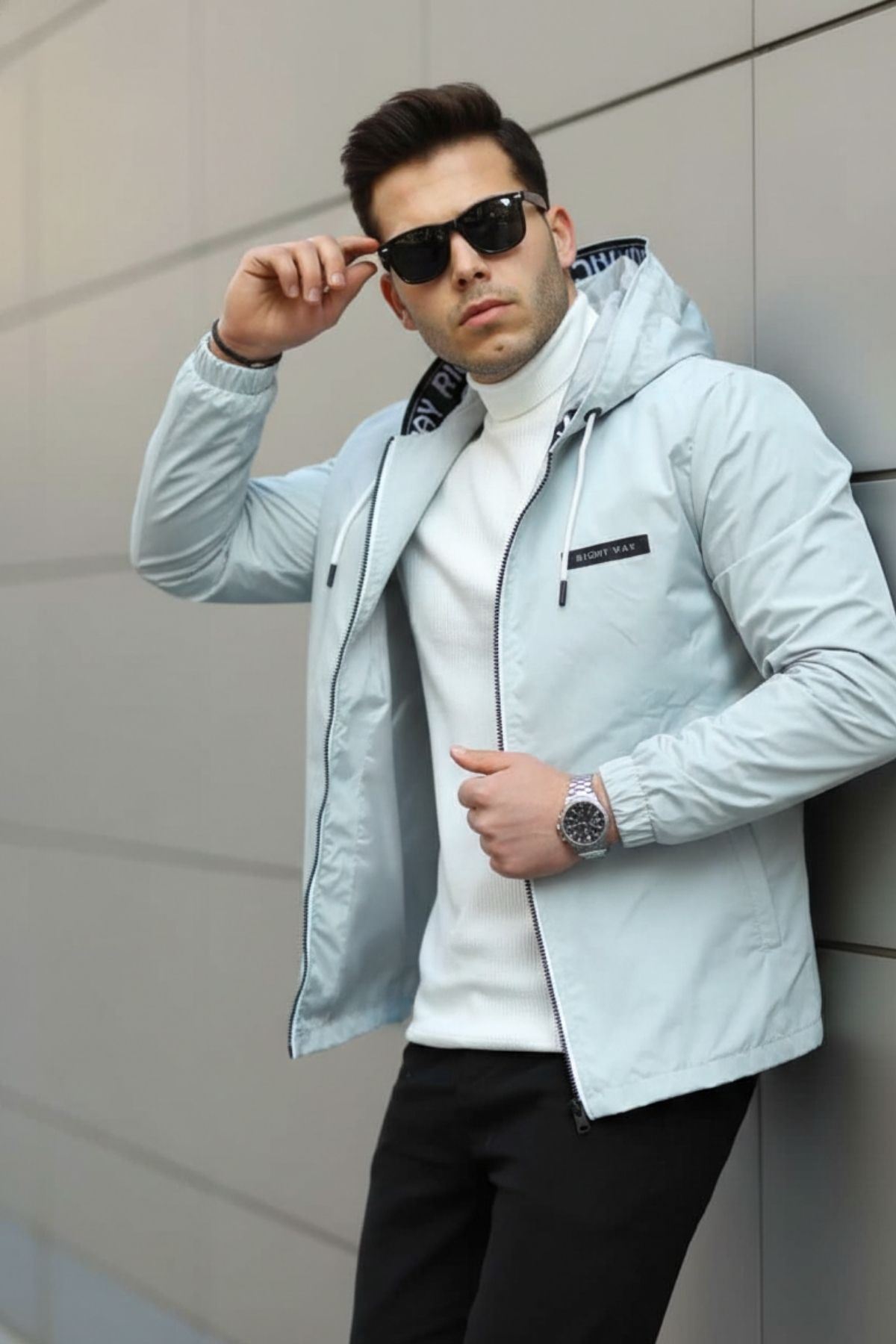 Erkek Fermuarlı Kapşonlu Gri Rüzgarlık & Yağmurluk