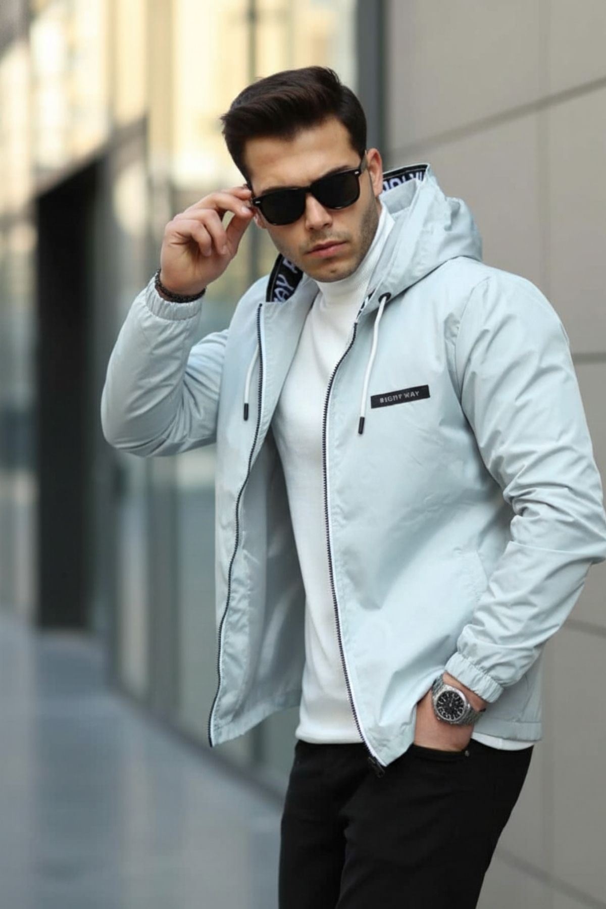 Erkek Fermuarlı Kapşonlu Gri Rüzgarlık & Yağmurluk