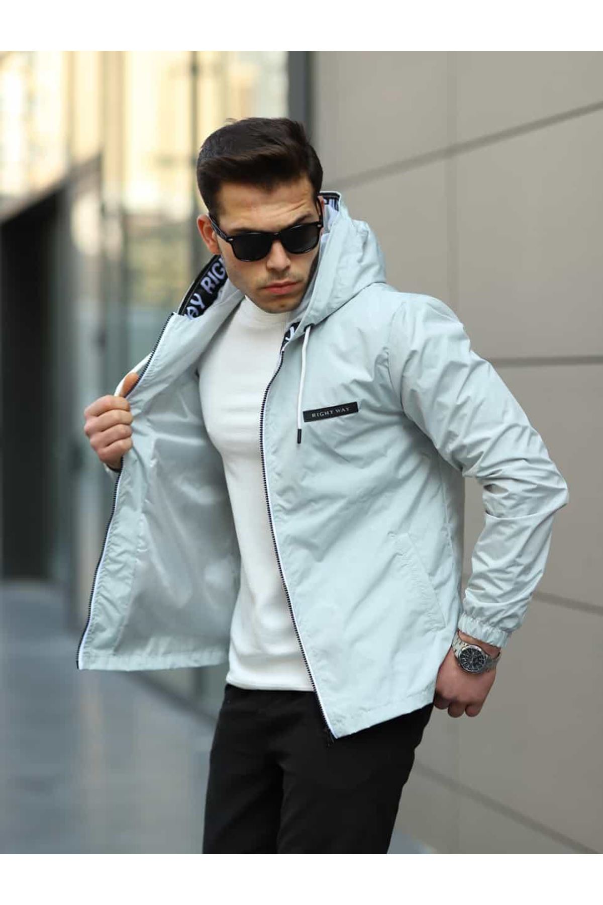 Erkek Fermuarlı Kapşonlu Gri Rüzgarlık & Yağmurluk