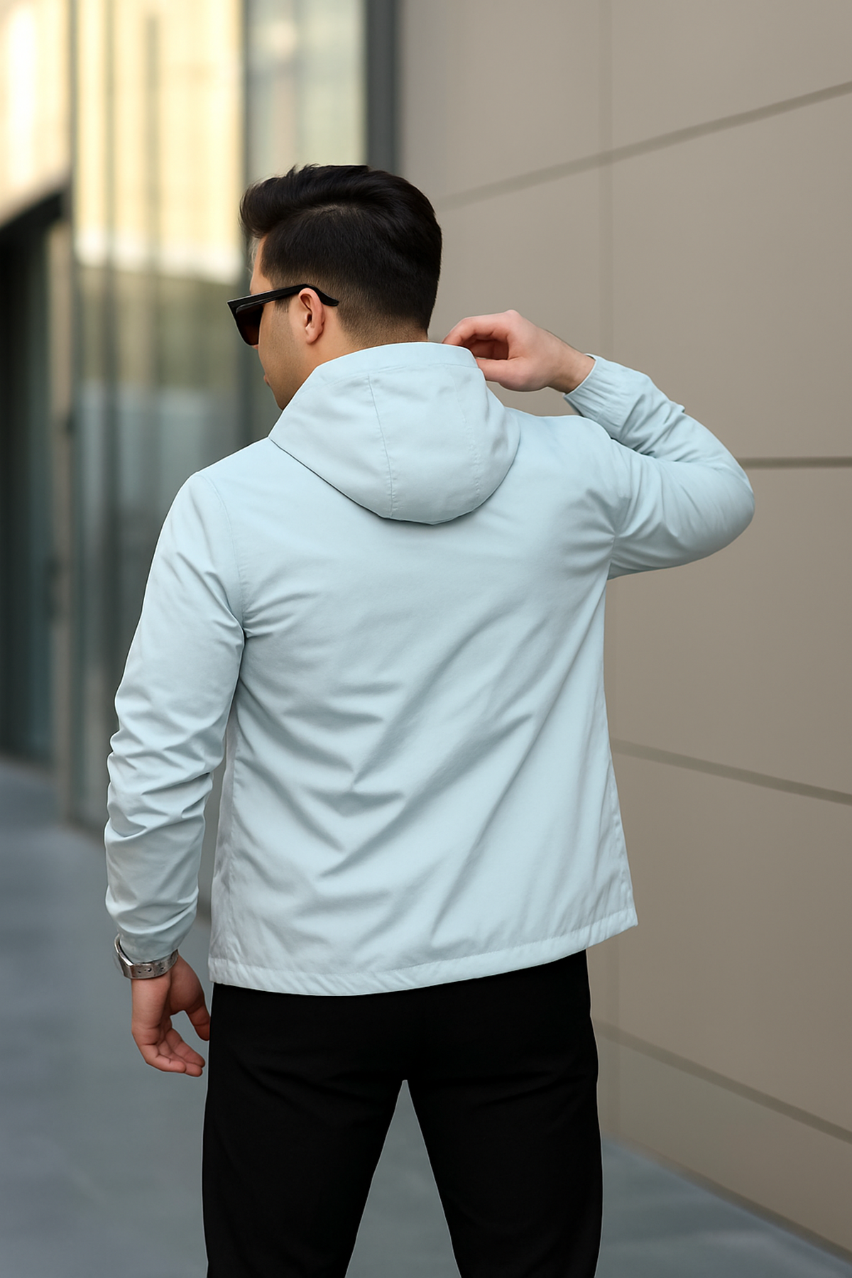 Erkek Fermuarlı Kapşonlu Gri Rüzgarlık & Yağmurluk