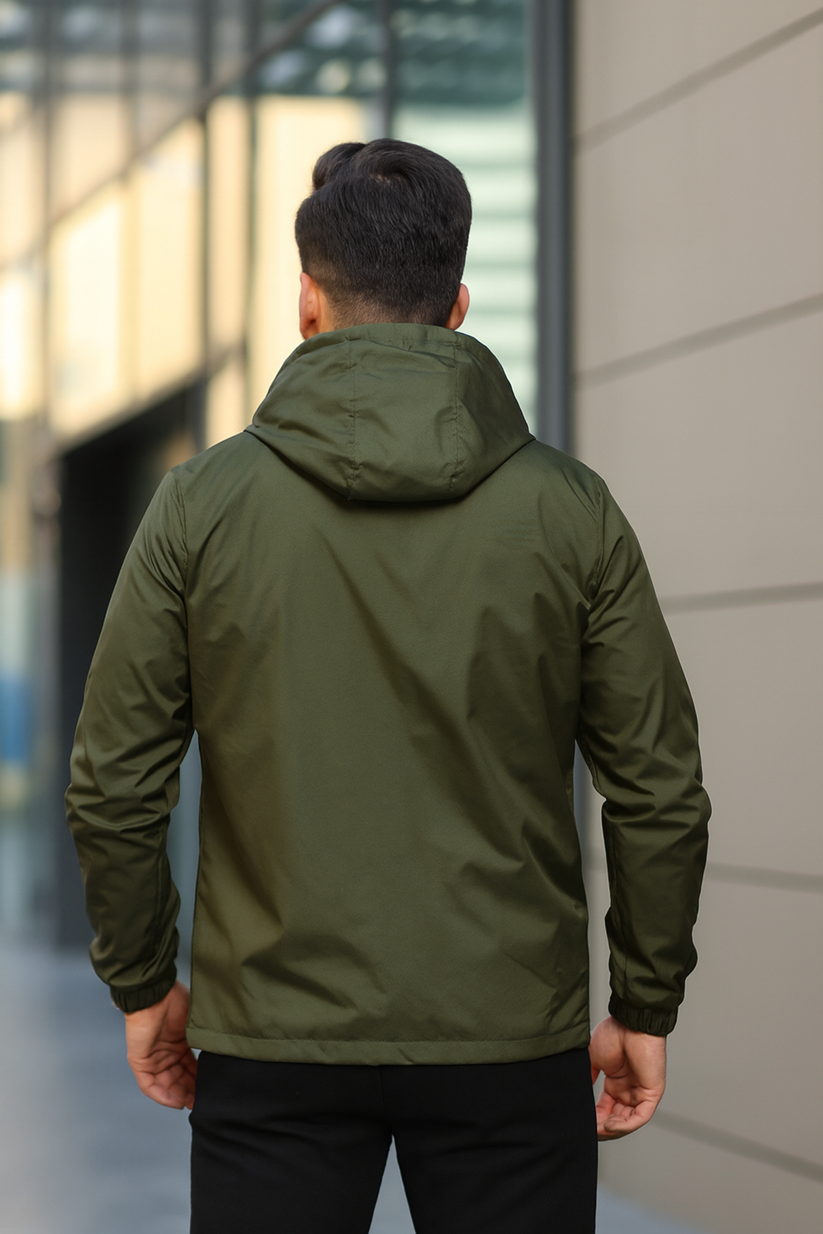 Erkek Fermuarlı Kapşonlu Haki Rüzgarlık & Yağmurluk