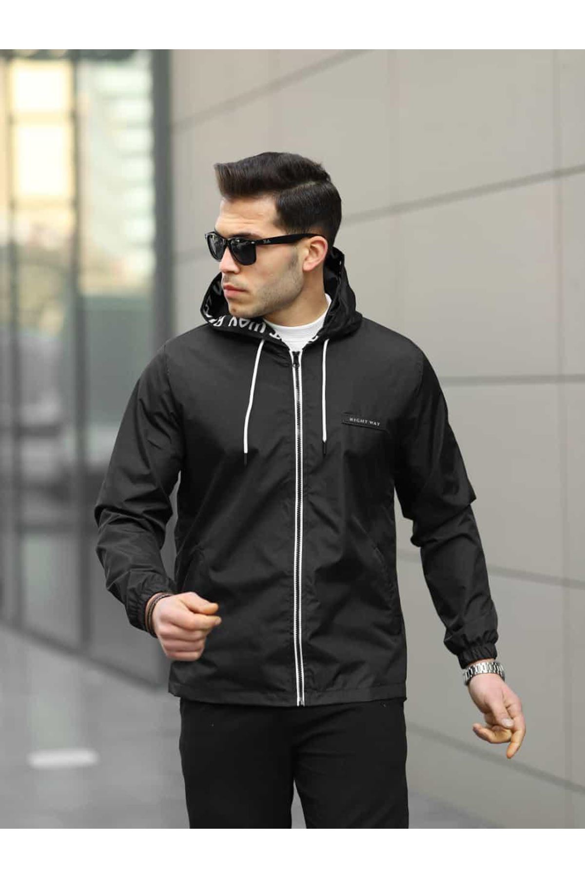 Erkek Fermuarlı Kapşonlu Siyah Rüzgarlık & Yağmurluk