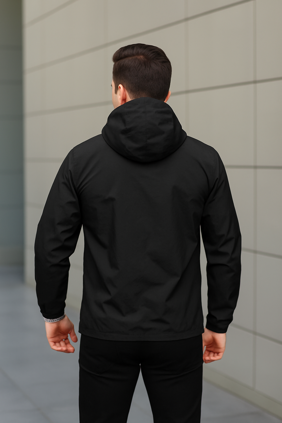 Erkek Fermuarlı Kapşonlu Siyah Rüzgarlık & Yağmurluk
