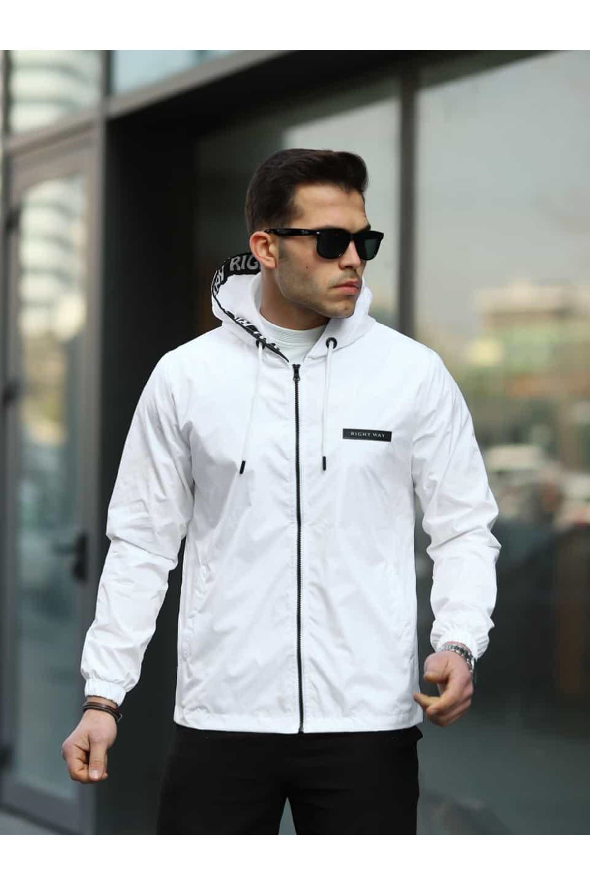 Erkek Fermuarlı Kapşonlu Beyaz Rüzgarlık & Yağmurluk