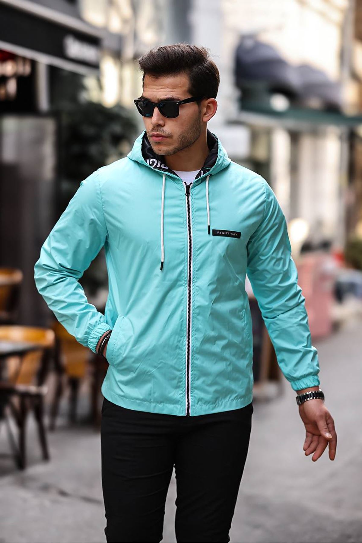 Erkek Fermuarlı Kapşonlu Mint Rüzgarlık & Yağmurluk