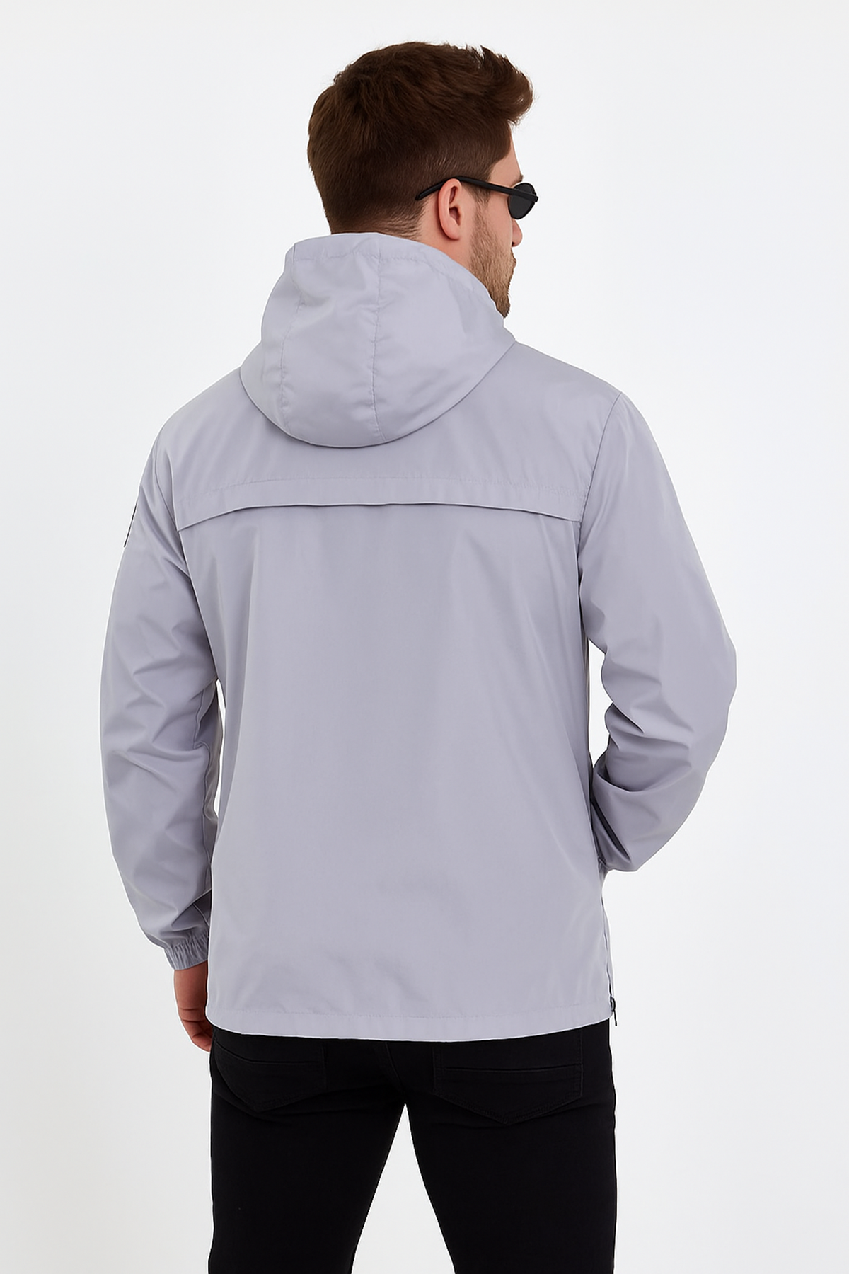 Erkek Baskılı Kapşonlu Gri Rüzgarlık & Yağmurluk