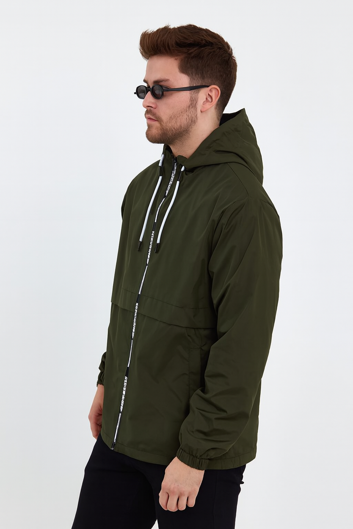 Erkek Baskılı Kapşonlu Haki Rüzgarlık & Yağmurluk