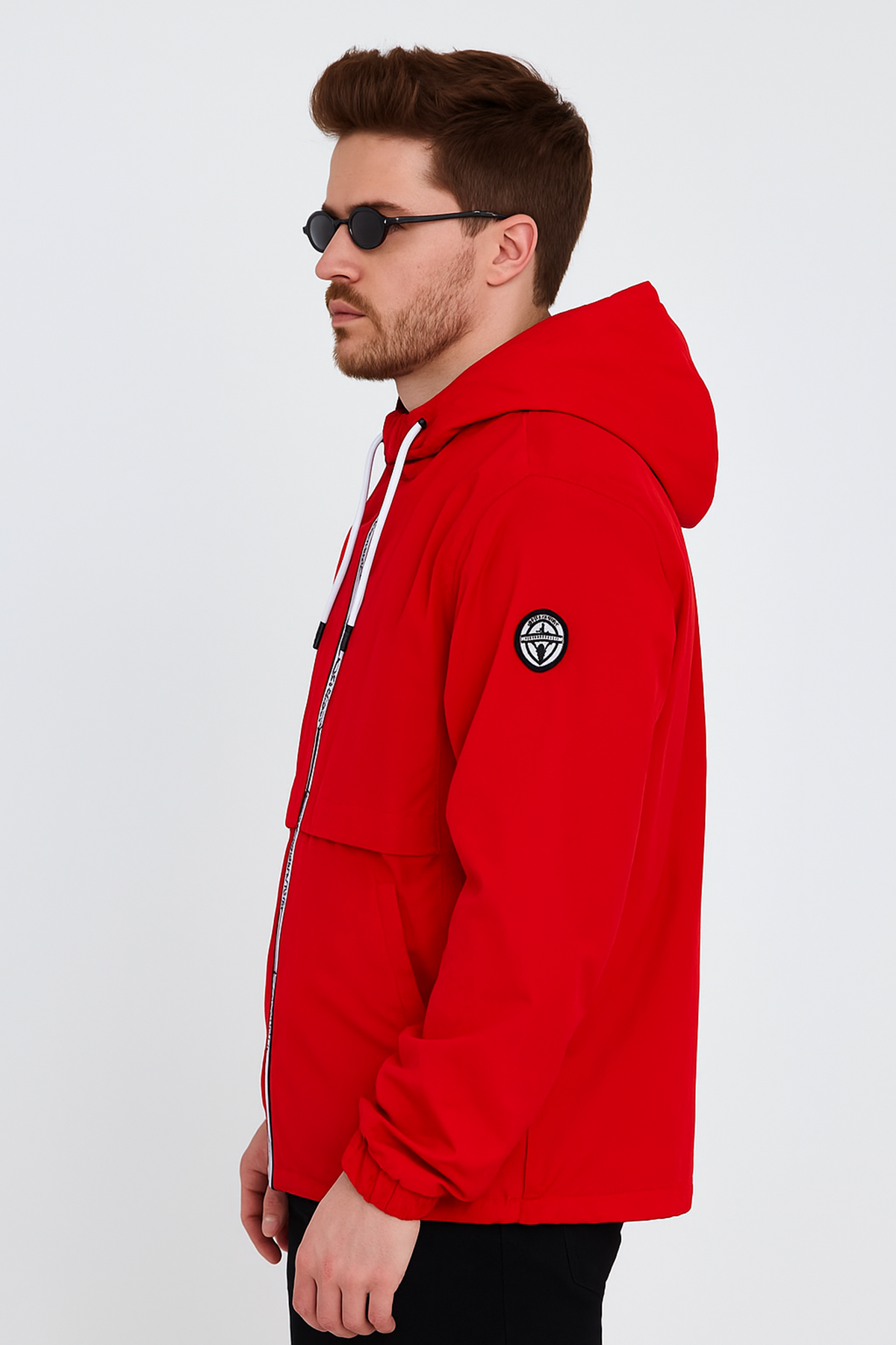 Erkek Baskılı Kapşonlu Kırmızı Rüzgarlık & Yağmurluk