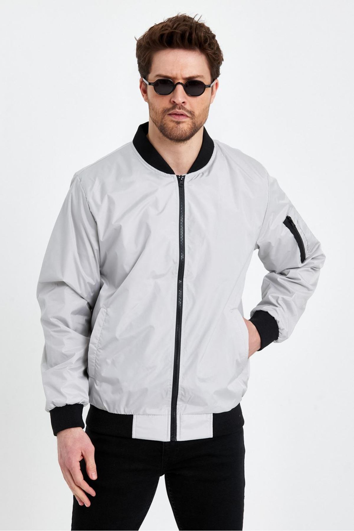 Erkek Fermuarlı Gri Kolej Rüzgarlık & Yağmurluk