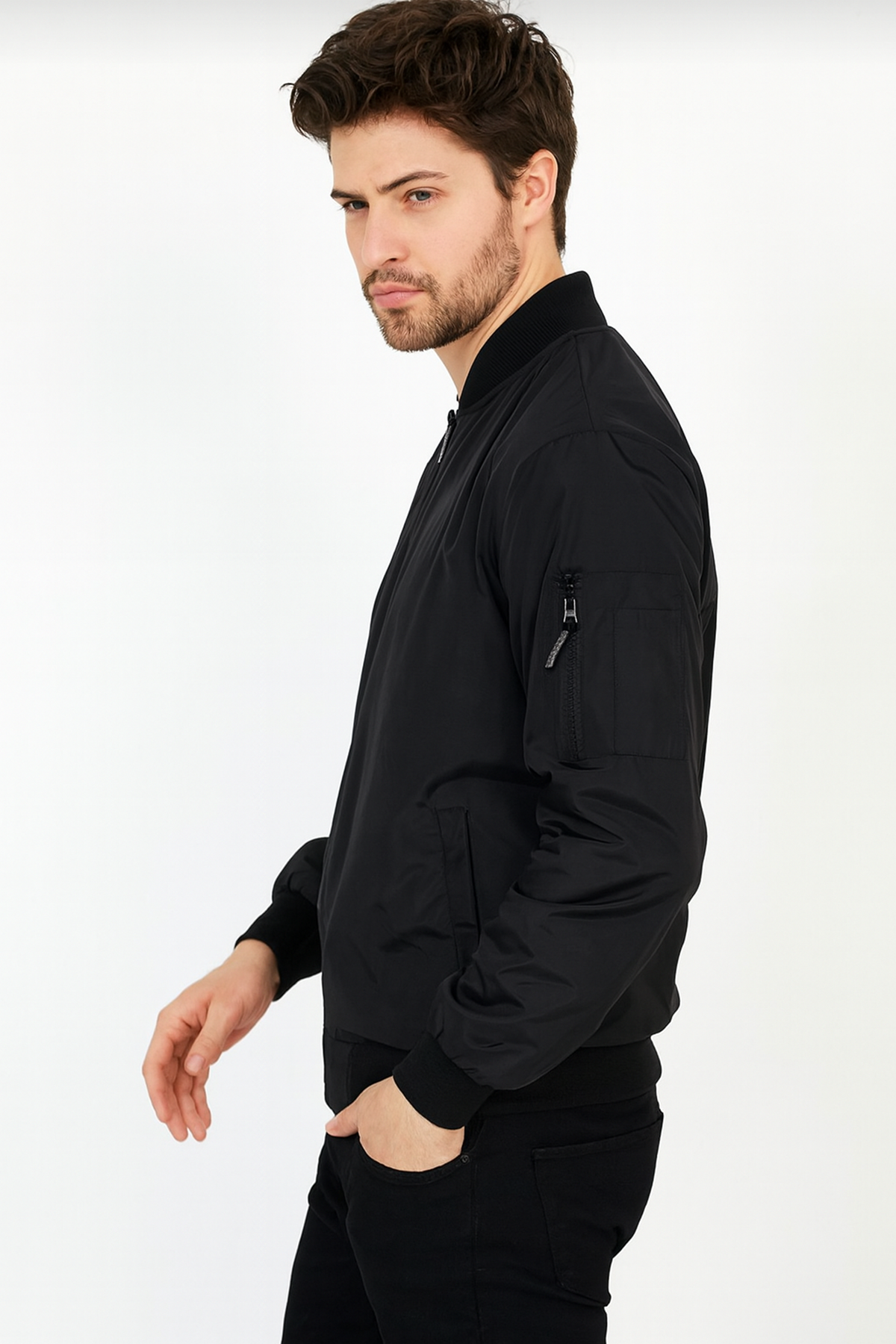 Erkek Fermuarlı Siyah Kolej Rüzgarlık & Yağmurluk