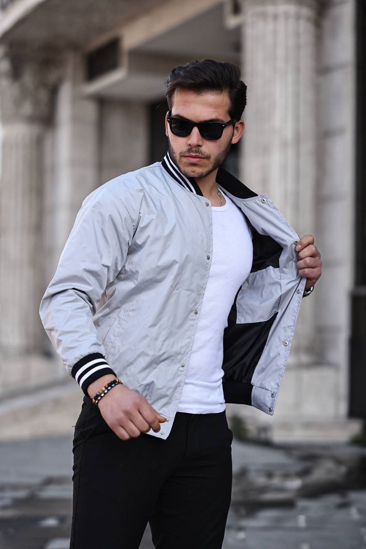 Erkek Baskılı Çıtçıtlı Gri Kolej Rüzgarlık & Yağmurluk