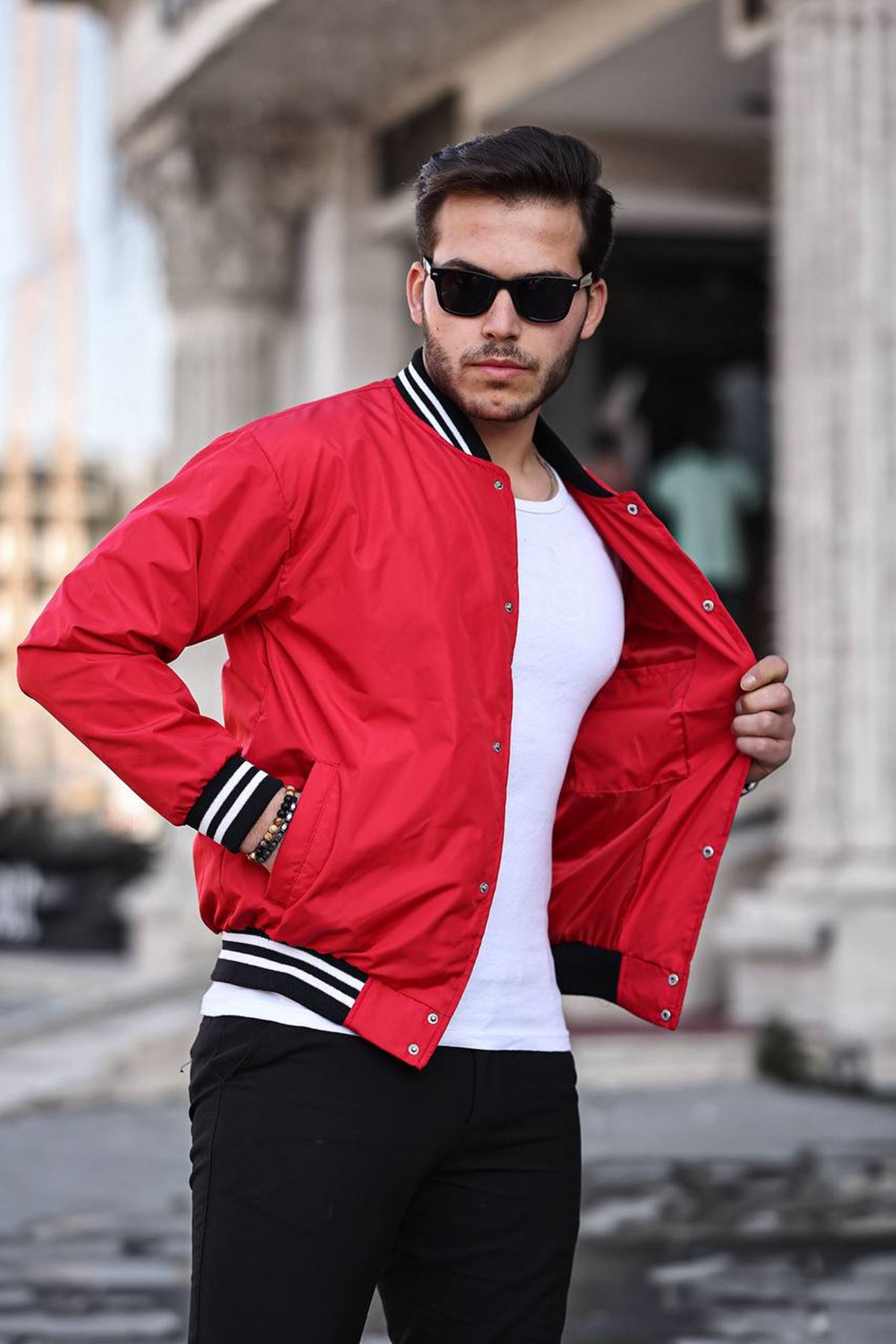 Erkek Baskılı Çıtçıtlı Kırmızı Kolej Rüzgarlık & Yağmurluk