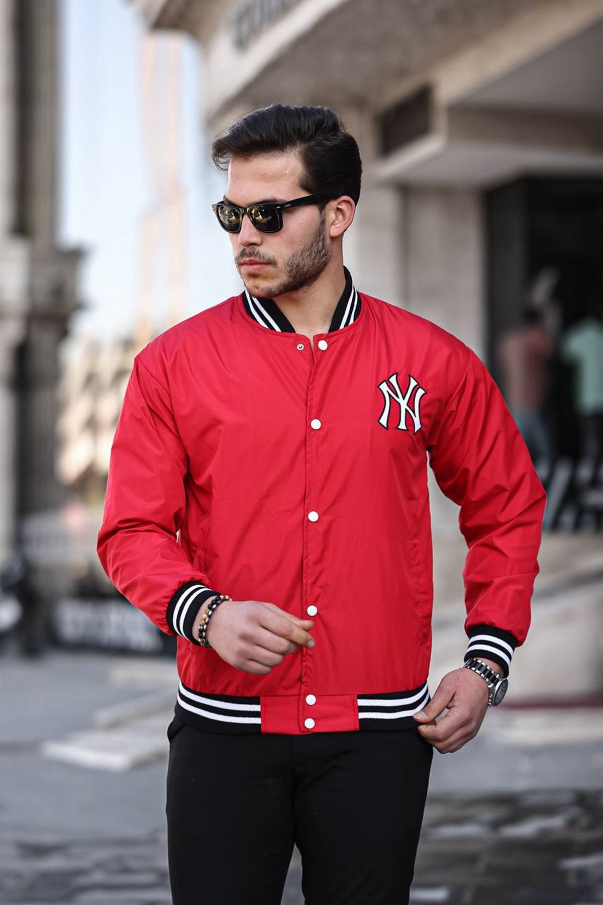 Erkek Baskılı Çıtçıtlı Kırmızı Kolej Rüzgarlık & Yağmurluk