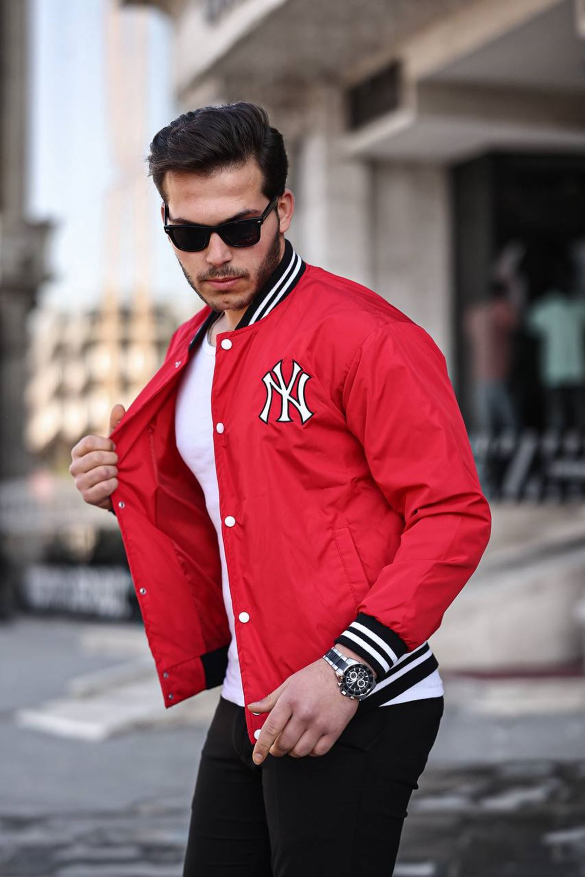 Erkek Baskılı Çıtçıtlı Kırmızı Kolej Rüzgarlık & Yağmurluk