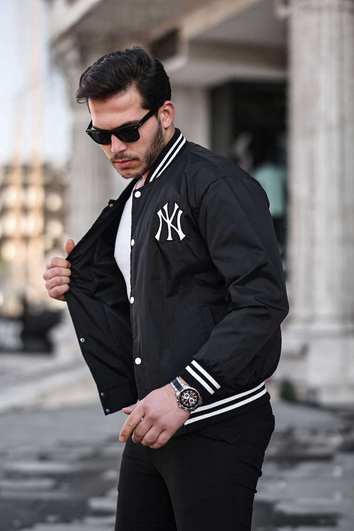 Erkek Baskılı Çıtçıtlı Siyah Kolej Rüzgarlık & Yağmurluk